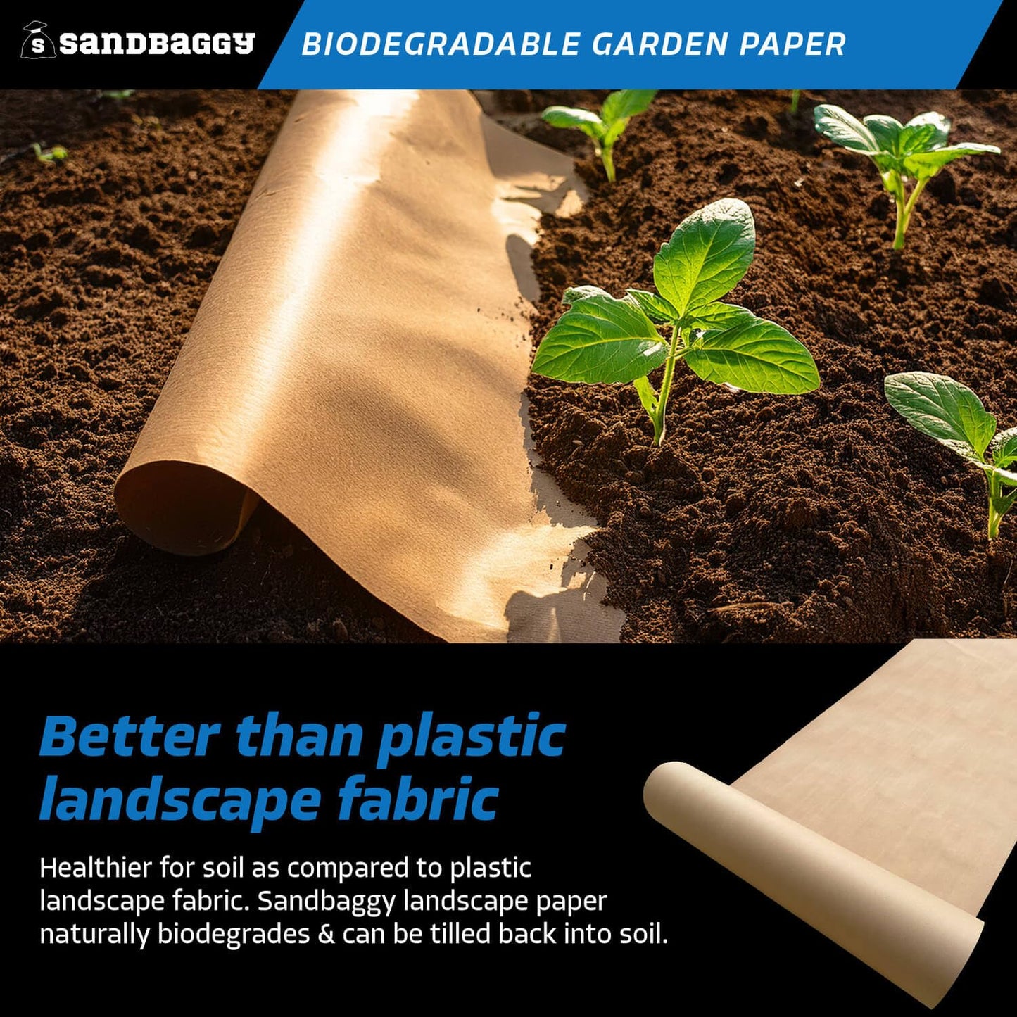 Sandbaggy Biodegradable Landscape Fabric - Garden Paper for Weeds - Paper Mulch Rolls - Made in America (2 ft x 475 ft, 10)