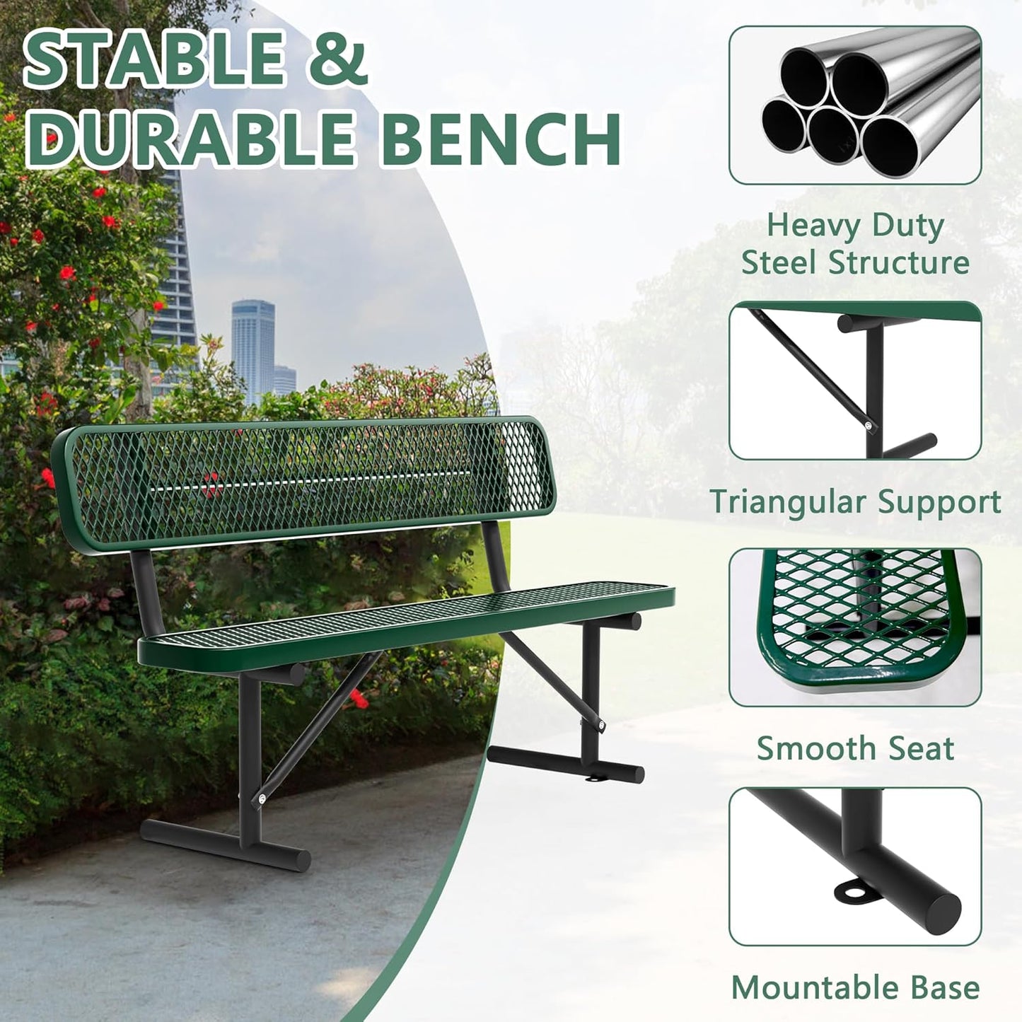 Heavy Duty Park Bench with Back Portable Frame, Outdoor Steel Bench with Backrest, Outdoor Park Bench Expanded Metal Mesh Bench for Lawn, Park, Deck, Garden, Patio, Porch, Black (Green, 6FT)