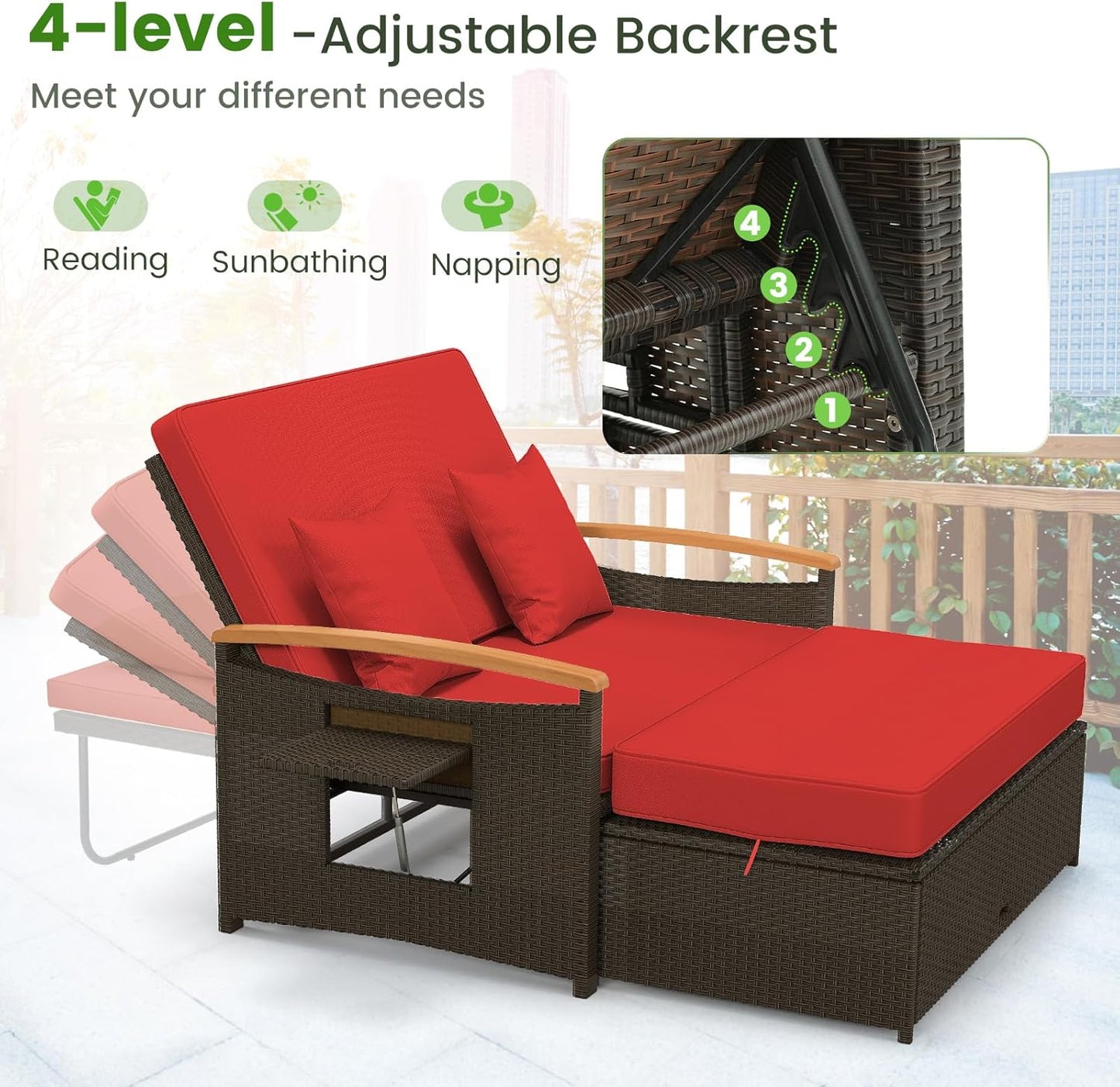 Tangkula Patio Rattan Daybed Set with Cushioned Loveseat and Storage Ottoman, Outdoor Double Chaise Lounger with 4-Level Adjustable Backrest and Retractable Side Trays for Backyard (Red)