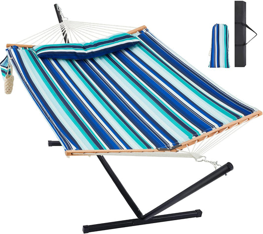 Two Person Hammock with Stand Heavy Duty, Outdoor Patio Hammock with Portable Steel Stand, Large Double Hammocks,480lbs Capacity.(Blue Stripes)