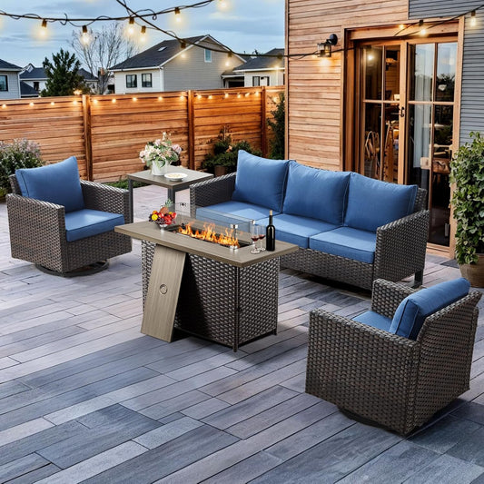 HUMMUH 5 Piece Patio Furniture Set with Fire Pit Table 41in 55,000 BTU,Wicker Outdoor Conversation Sets - Outdoor Swivel Rocker Chairs Patio Sofa for Porch,Garden,Backyard