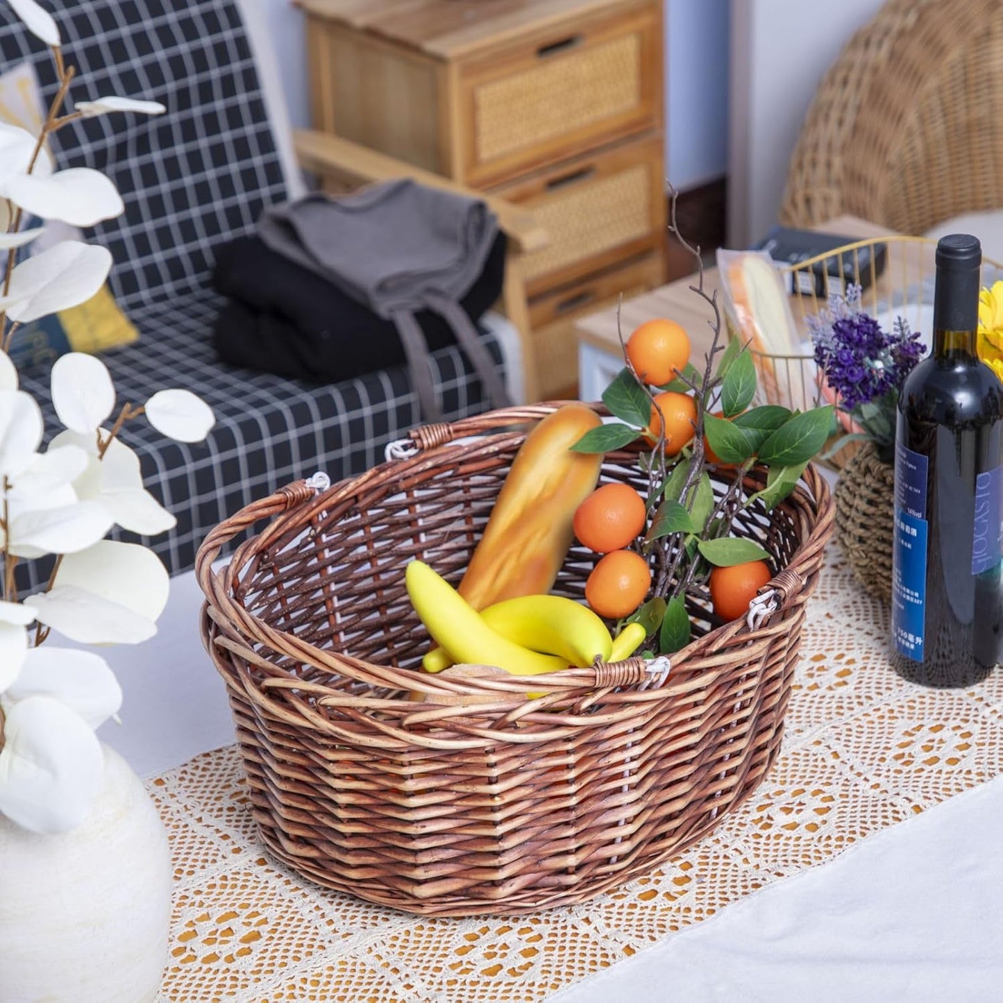 JJSQ Wicker Picnic Basket with Folding Handles Wicker Hand Woven Baskets for Storage, Garden Harvest, Easter, Empty Gift Basket, Brown, Large 17" x 13" x 7"