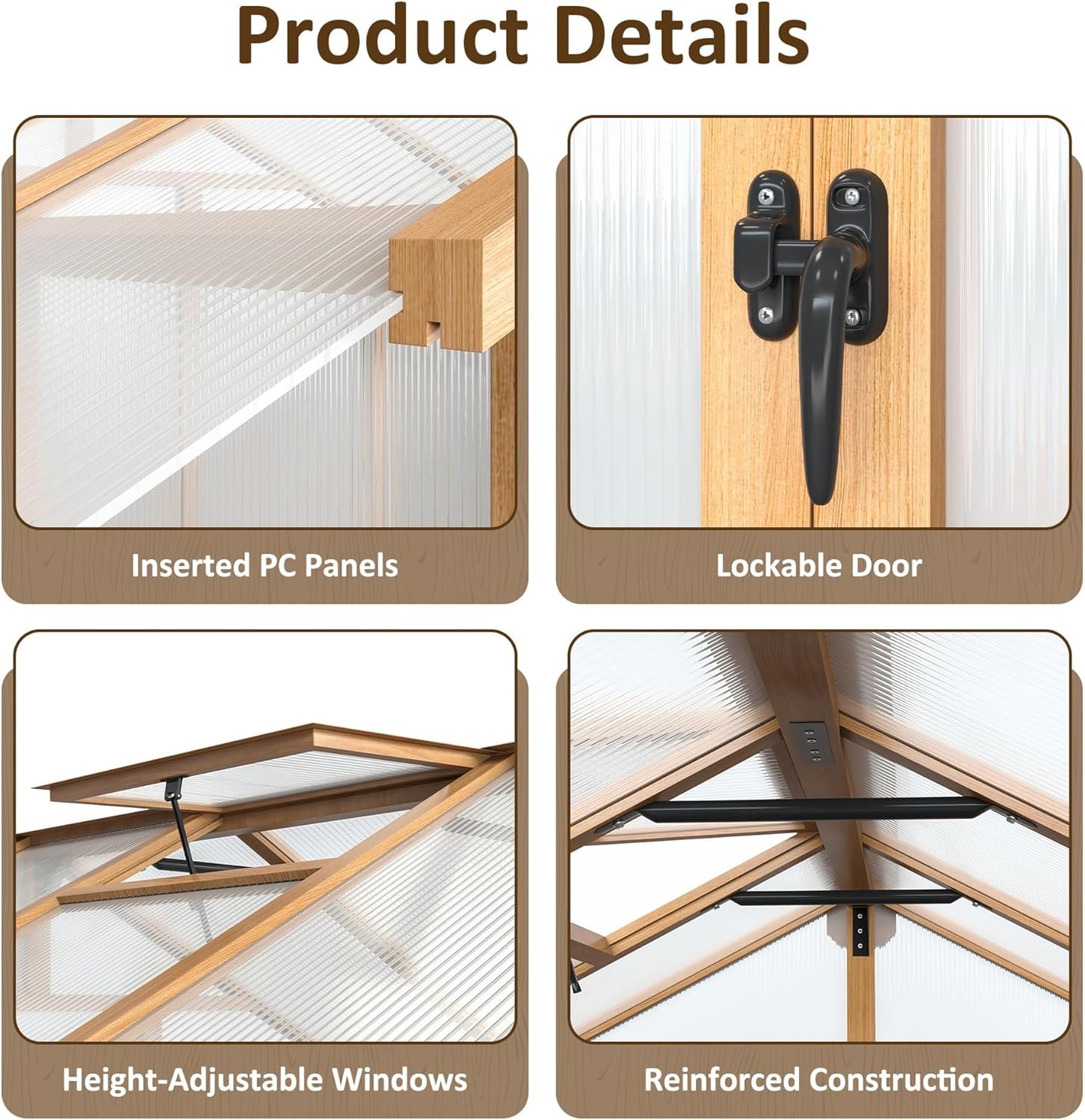 Wooden Greenhouse 6x10 FT, Walk-in Greenhouse for Outdoors with 6MM Thick Polycarbonate Panel and Adjustable Roof Vents, Garden Backyard, Wood Colour