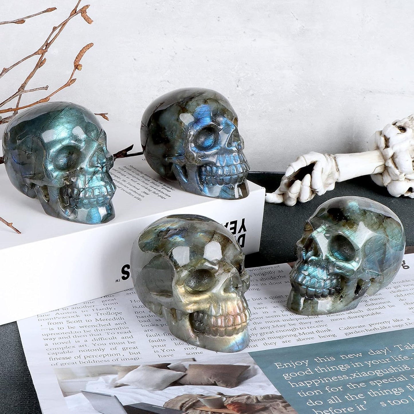 3" Labradorite Crystal Skull Figurine Decor Healing Stones Carved Luminous Stone Skull Head Statue Sculpture Ornaments