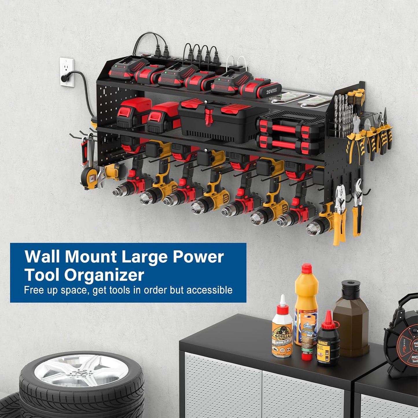 JUNNUJ Large Power Tool Organizer Wall Mount with Charging Station. Garage 8 Drill Holder Tools Battery Storage Shelf, Heavy Duty Utility Storage Rack Built in 8 Outlet 3 USB 6 FT Power Strip