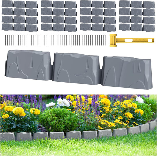 16Pcs Landscape Edging(24 Foot) with 48 Pieces 8-inch Spikes | 3 Inch Tall Faux Stone Edging for Landscaping | Faux Stone Edging Bricks for Flower Bed,Lawn,Yard,Weed Barrier(Dark Grey)