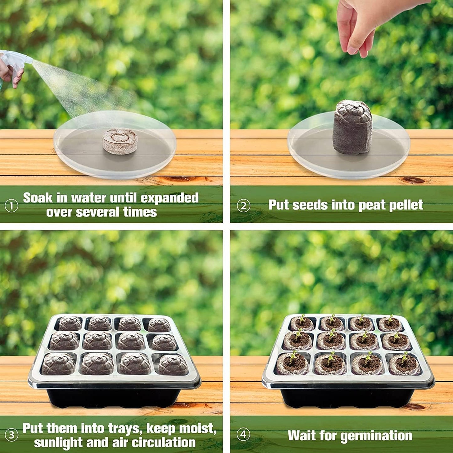 Halatool 4 Pack Seed Starter Tray with 50 PCS Peat Pellets, 48 Cells Black Seeding Starter Trays for Organic Seed Starter Soil Pods for Planting Vegetables Plants Flowers - Starting Seeds Kit