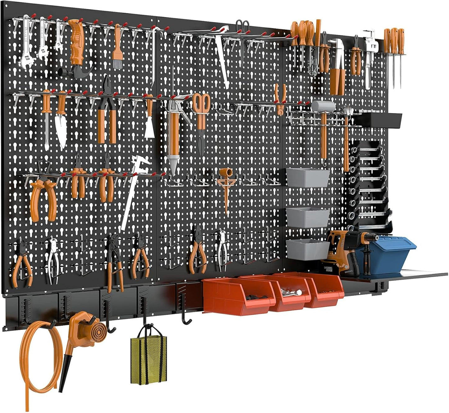 TORACK Metal Pegboard Wall Organizer System for Garage, 109PCS Pegboard Accessories Organizer Kit with Pegboard Bins, Hooks, Peg Locks, Pegboard Storage System for Workbench(Black)