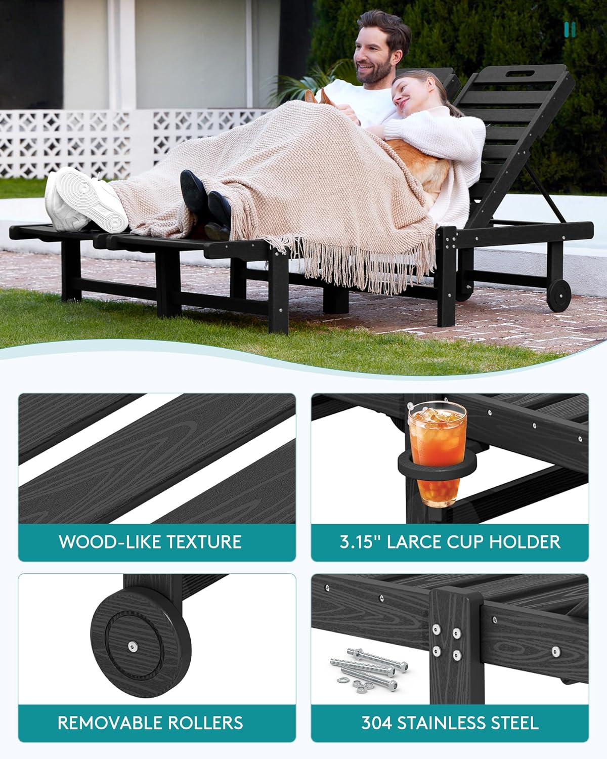 SERWALL Patio Lounge Chair Set of 2, HDPE Outdoor Lounger with Cup Holder, 5 Positions Adjustable Pool Lounger with Rolling Wheels for Poolside, Black