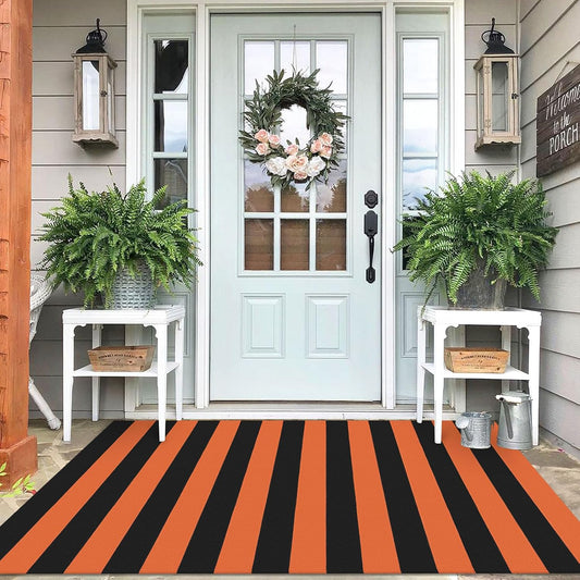 IOHOUZE Fall Door mat 4x6 Ft Orange Black Striped Area Rug Washable Front Porch Rug Striped Door Mat Outside Entrance Entryway Doormat for Fall, Halloween, Thanksgiving Porch Decor