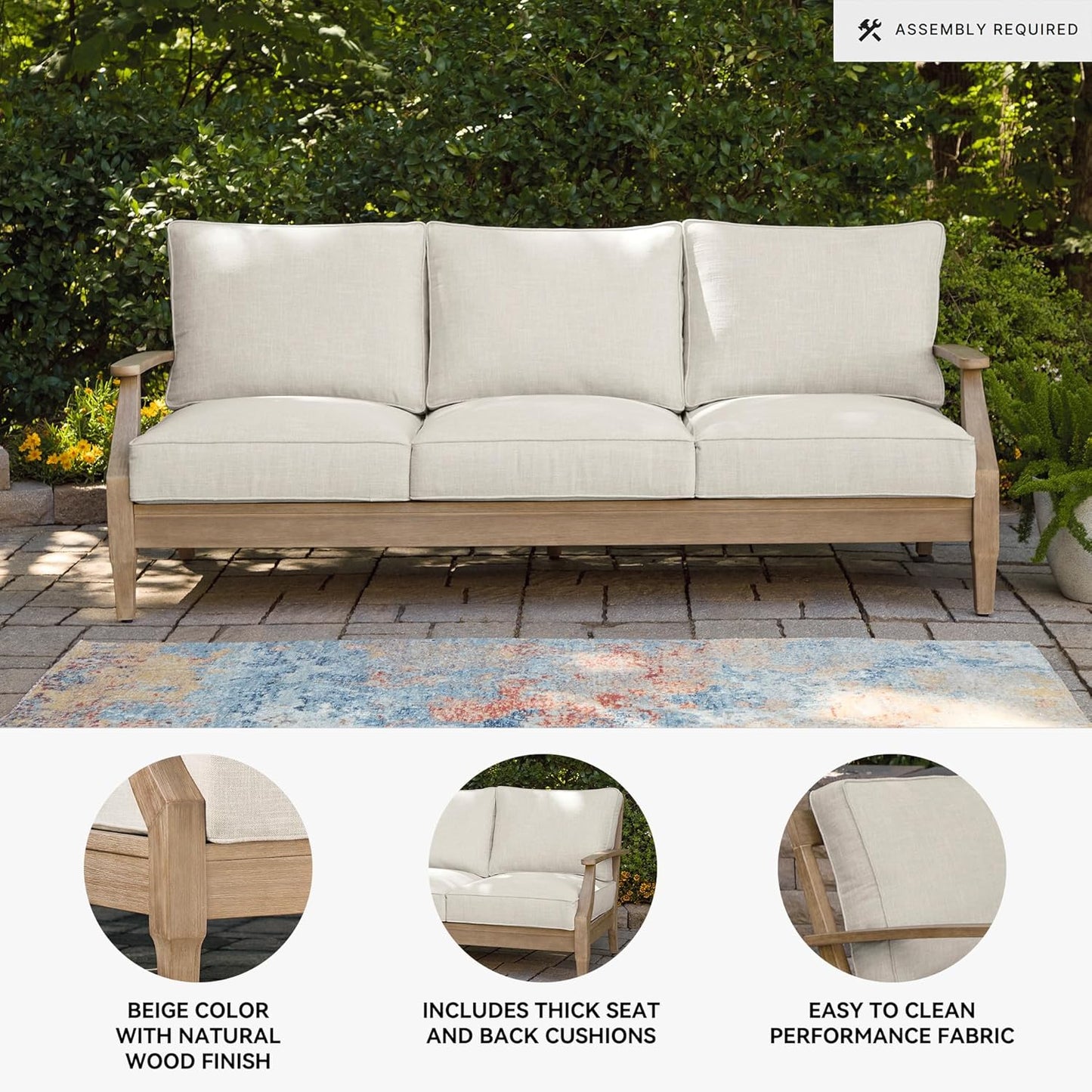 Signature Design by Ashley Carter Hall Outdoor Eucalyptus Patio Sofa with Cushion, Beige