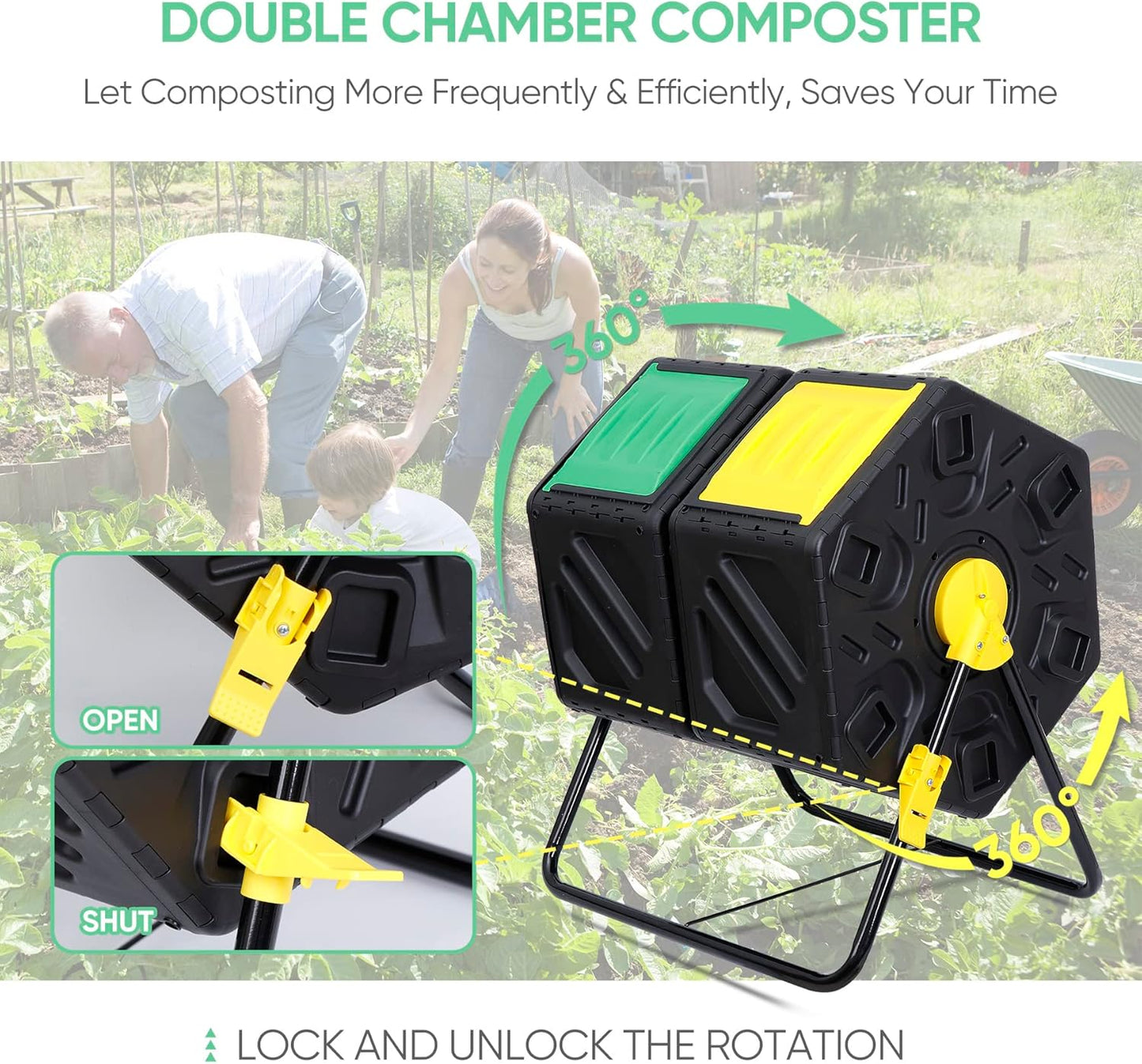Nouva 37 Gallon Compost Bin Dual Chamber Composter Tumbler Rotating Chamber Garden Composter Bin with 2 Sliding Doors Steel Frame Outdoor Kitchen Garden Yard