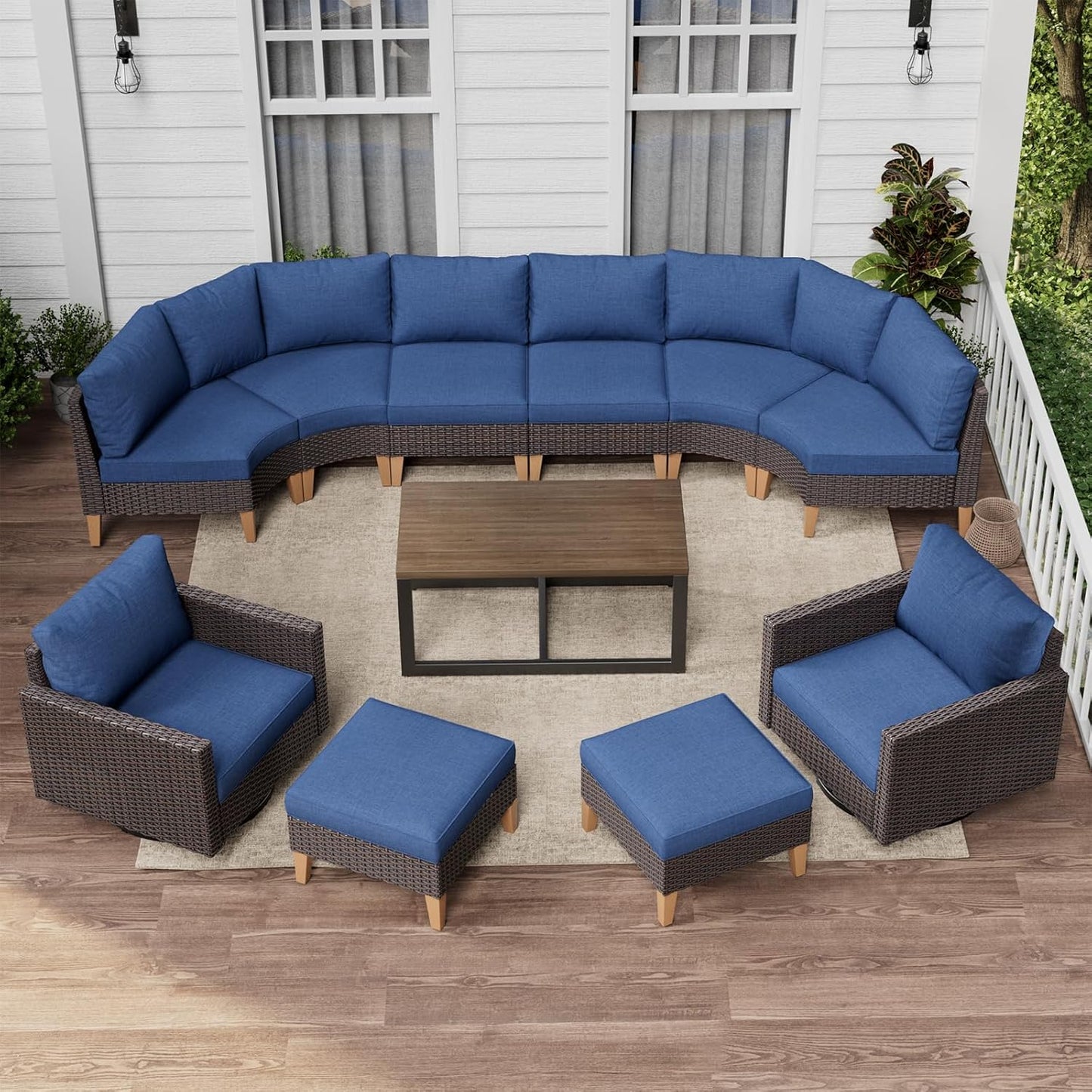 HUMMUH 11 Pieces Outdoor Furniture Set,Outdoor Half-Moon Sectional Couches Swivel Patio Chairs with Ottomans Coffee Table,All Weather PE Wicker Patio Conversation Sets for Garden Porch Backyard
