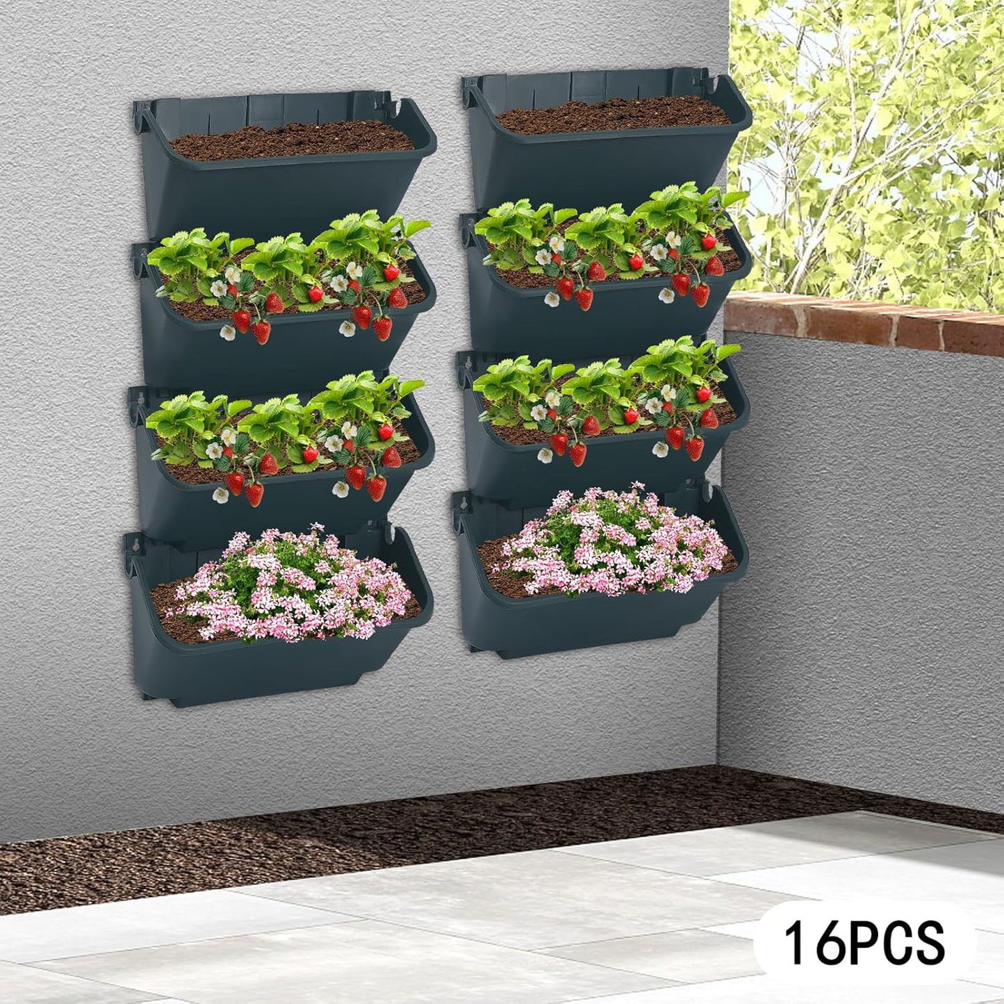 Vertical Wall Planter, Wall-Mounted Living Garden Planter with 16 Plastic Pots Stackable Wall Hanging Flower Pot Clasp Design for Vegetables Flowers (Army Green 16)