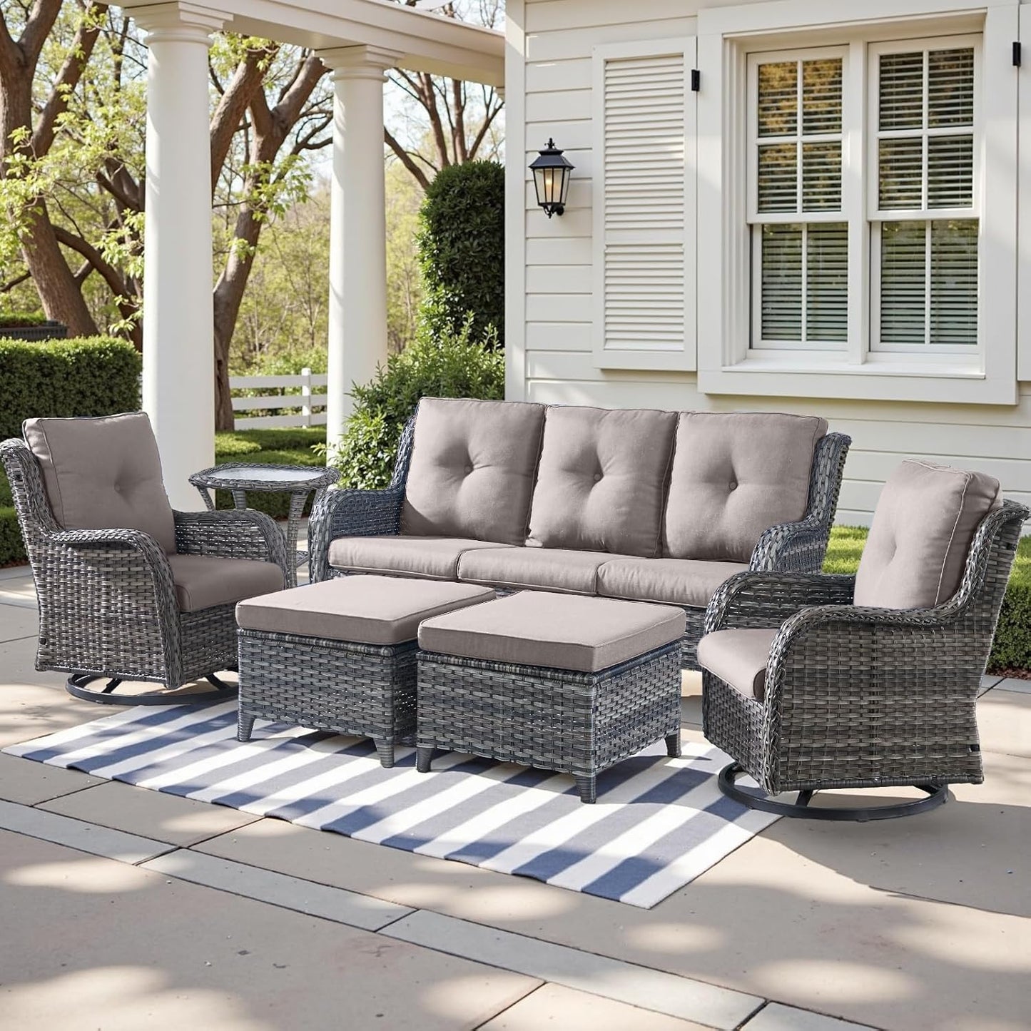 Outdoor Wicker Patio Furniture Set - 6 Piece Rattan Patio Conversation Set with 2 Rocking Swivel Chairs,2 Ottomans,1 Sofa and 1 Side Table for Porch Deck Backyard Garden(Mixed Grey/Grey)