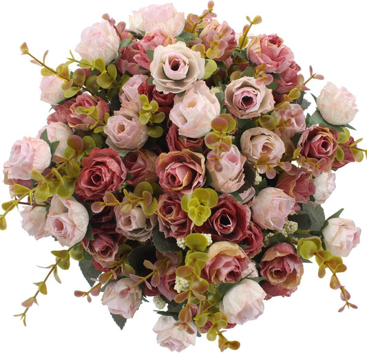 Duovlo 7 Branch 21 Mini Rose Heads Artificial Flowers Bouquet Wedding Home Office Decor,Pack of 4 (Pink)