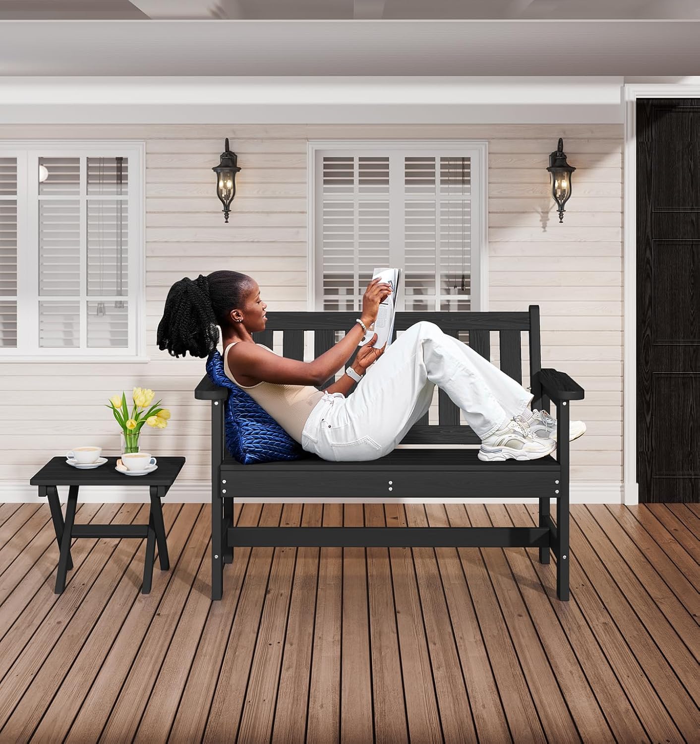 SERWALL Outdoor Bench, HDPE Outdoor Benches Weatherproof, 2-Person Garden Bench with 660 lbs Weight Capacity, Patio Benches for Outdoors, Garden, Porch, Backyard and Park, Black, 2 Pack