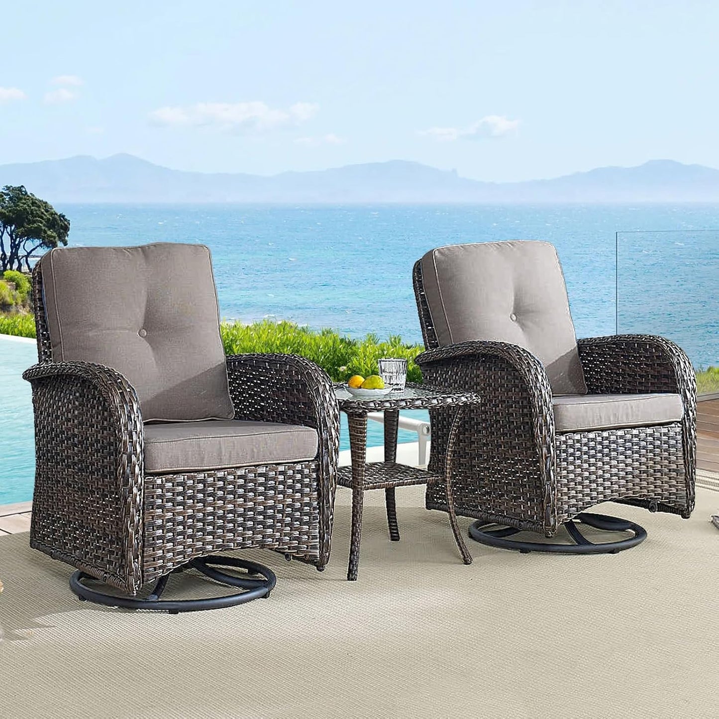 HUMMUH 5-Piece Patio Furniture PE Wicker Outdoor Conversation Set,All-Weather Rattan Swivel Rocker Chairs with Outdoor Couch Tables for Backyard,Poolside,Deck