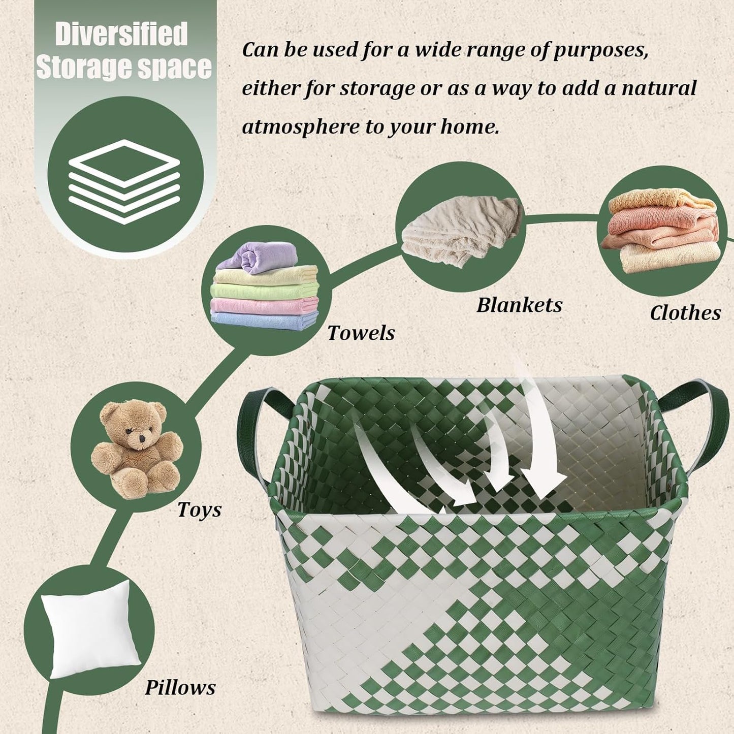 BROWNLILY Handwoven Clothes Basket Laundry Hampers Large Wicker Storage Baskets for Shelves Blankets Closet Storage Bins Car Bedroom Bathroom Organizers and Storage Bath (Pack of 4, Green&White)