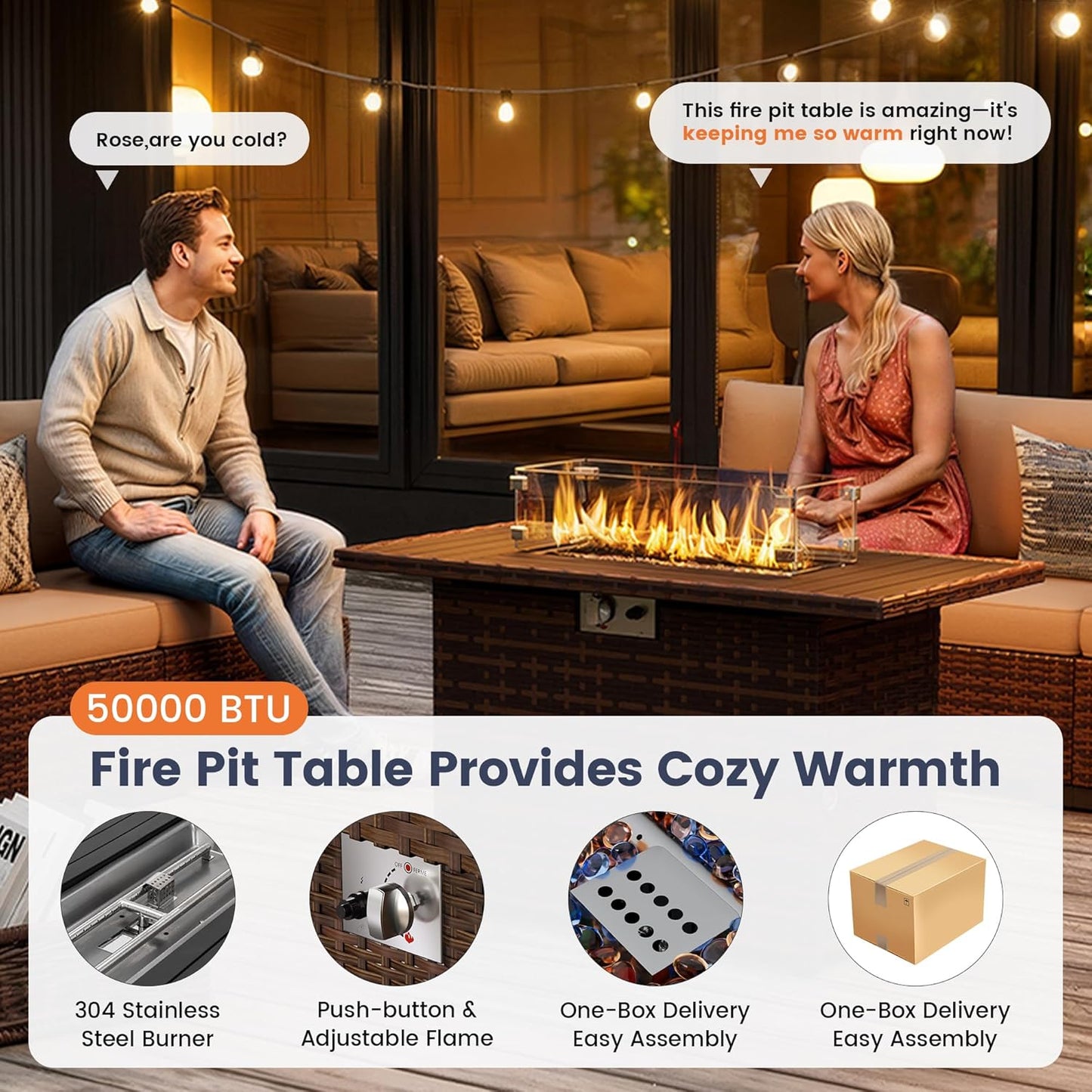 UDPATIO Patio Furniture Set with Fire Pit Table, 8 Inch Armrest Outdoor Sectional Sofa, 9 Piece Wicker Outdoor Furniture Conversation Sets with Waterproof Cover for Backyard Deck(Brown/Khaki)