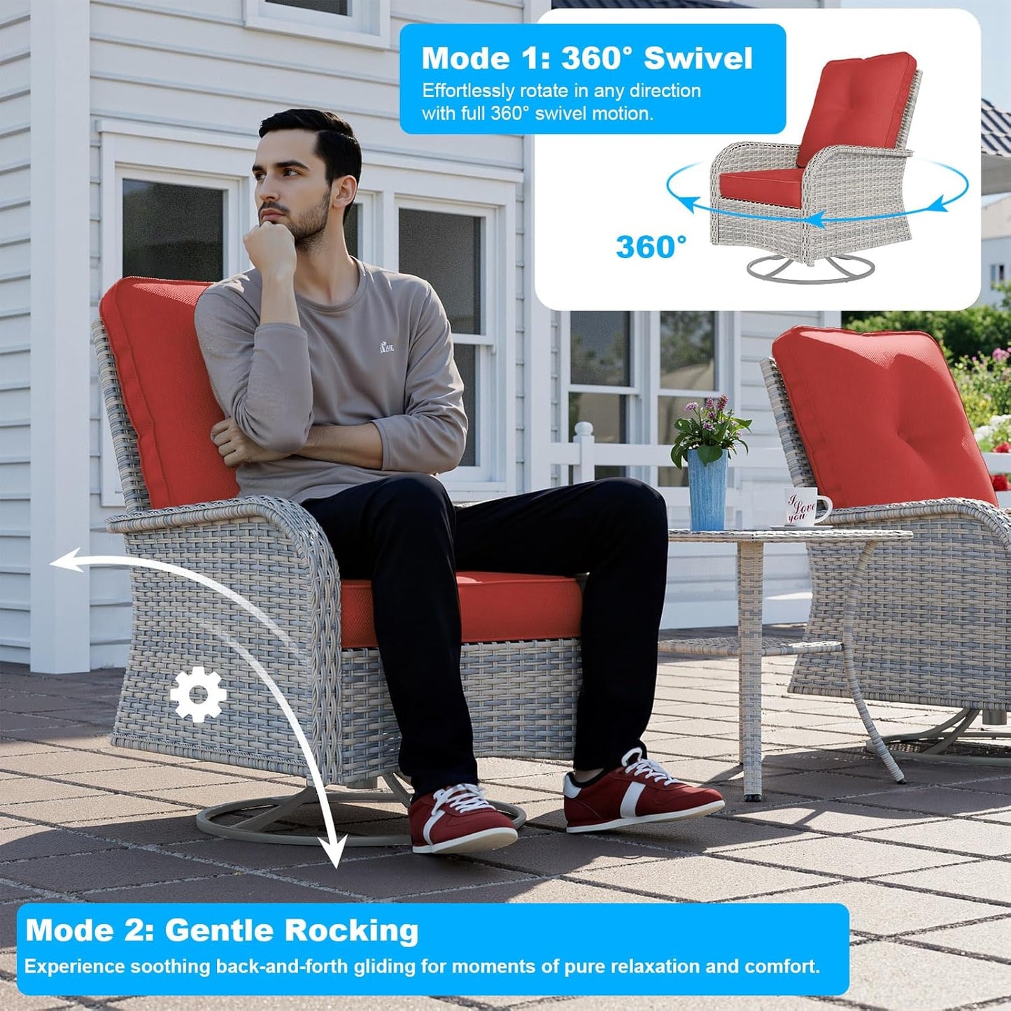 11-Piece Patio Furniture Set, Outdoor Patio Furniture with 55,000 BTU Fire Pit Table, Swivel Chairs Set, Thick Cushions, Modular Patio Sofa, Dual-Strand Wicker Rattan, Rust-Resistant Frame, Red