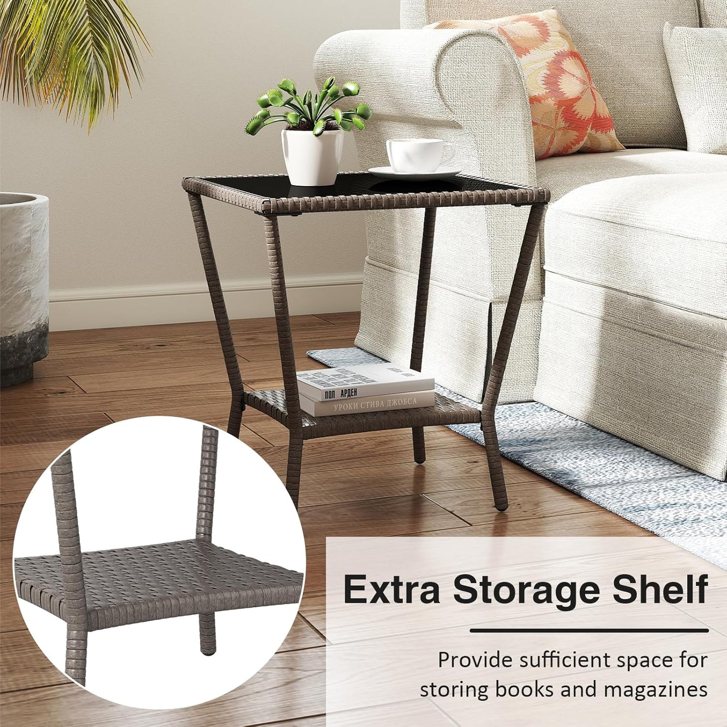 Outdoor Small Patio Table - PE Rattan Coffee Table, Wicker Side Table for Patio, Balcony & Porch, Durable & Iron Frame (1, Sesame Brown)