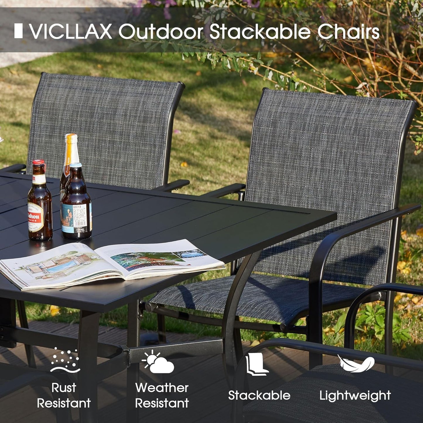 VICLLAX 5 Pieces Patio Dining Set, Outdoor Furniture Set Includes 1 Square Outdoor Table and 4 Stackable Patio Sling Chairs, Black Tabletop and Grey Fabric