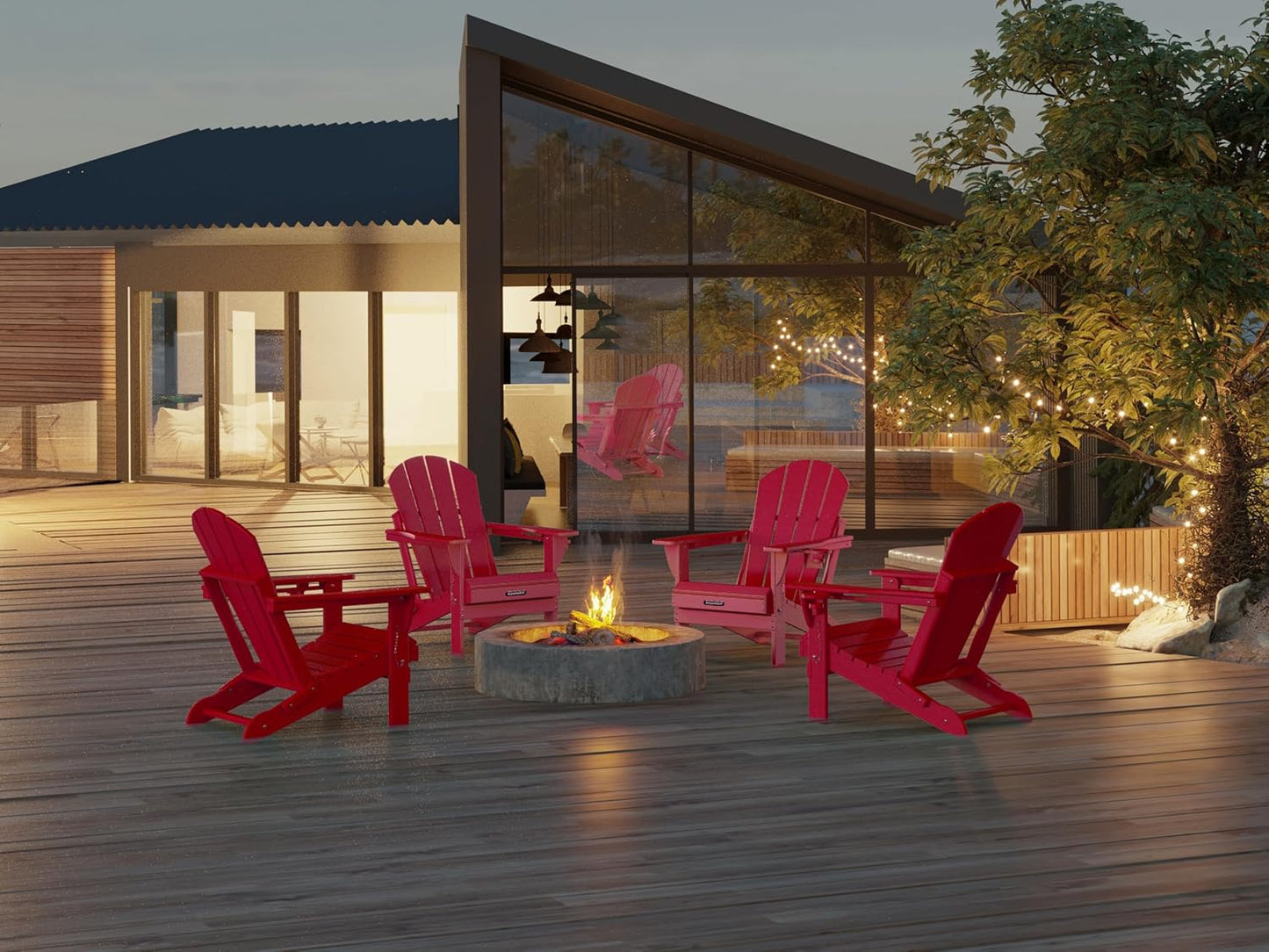 MUCHENGHY Folding Adirondack Chairs Set of 4, Patio Chairs, Lawn Chairs, Outdoor Chairs, Adirondack Chair Plastic, Fire Pit Chairs, Weather Resistant with Cup Holder for Deck, Backyard, Garden(Red)