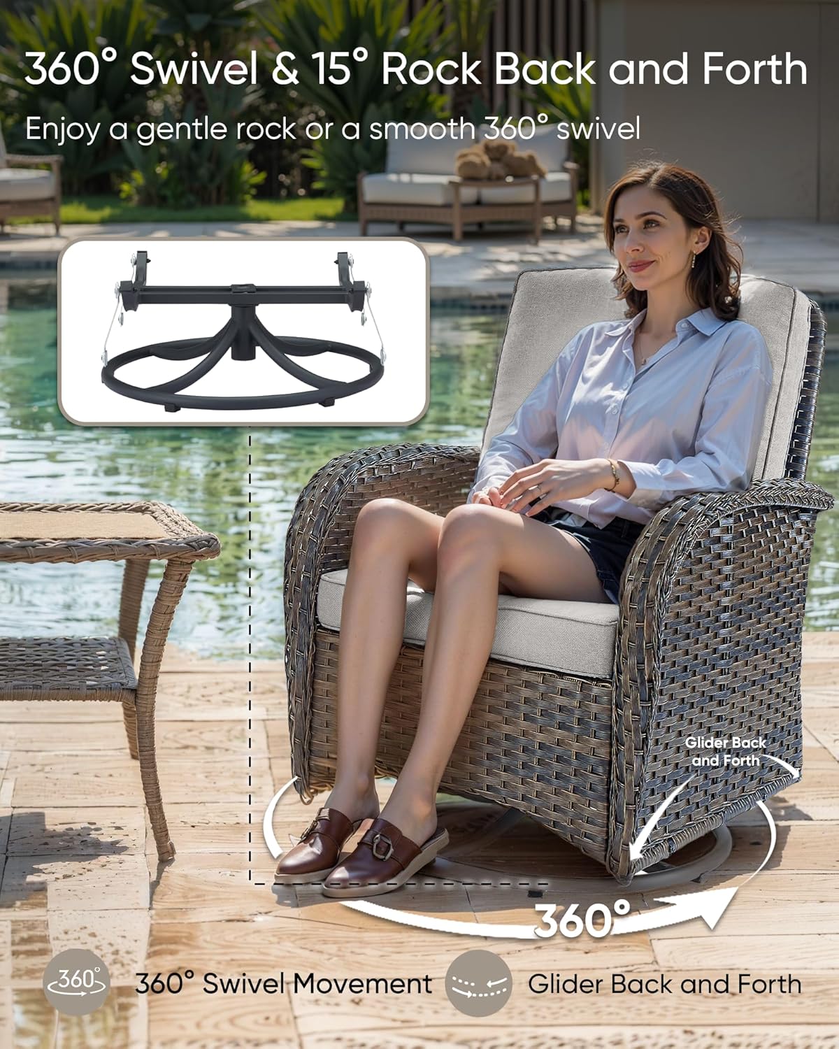 HUMMUH Outdoor Swivel Chairs,3 Pieces Patio Furniture Set with 360 Degree Wicker Swivel Rocking Chairs and Side Table for Garden,Porch,Backyard (Brown/Beige)