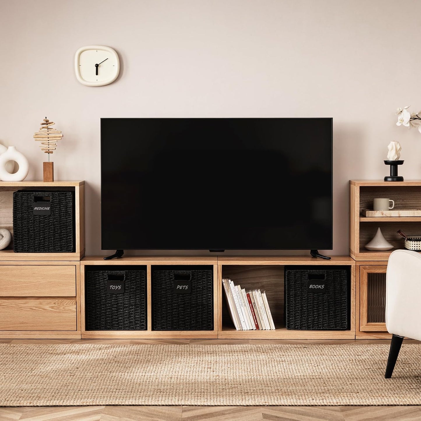 UBBCARE 4 Pack Wicker Basket, 10.5×10.5 Storage Cubes with Label, Foldable Cube Storage Bin with Handle, Square Storage Basket for Shelves, Woven Paper Rope Basket for Organizing, Black