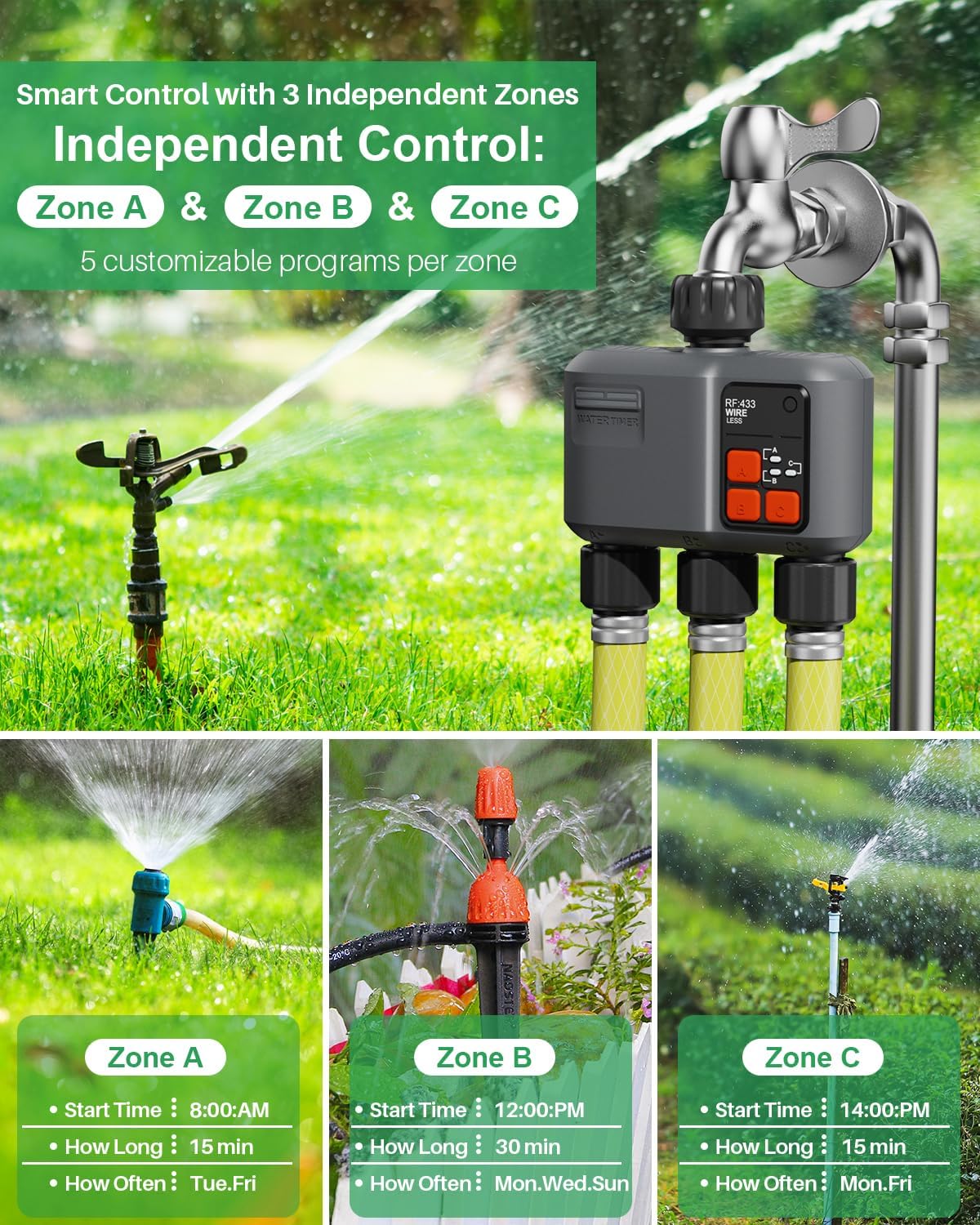 WiFi Sprinkler Timer 3 Zone with 984 Feet RF Gateway, 3 Outlet Smart Water Timer for Garden Hose with Rain Delay/Manual/Automatic,WiFi Water Hose Timers for Garden & Lawns