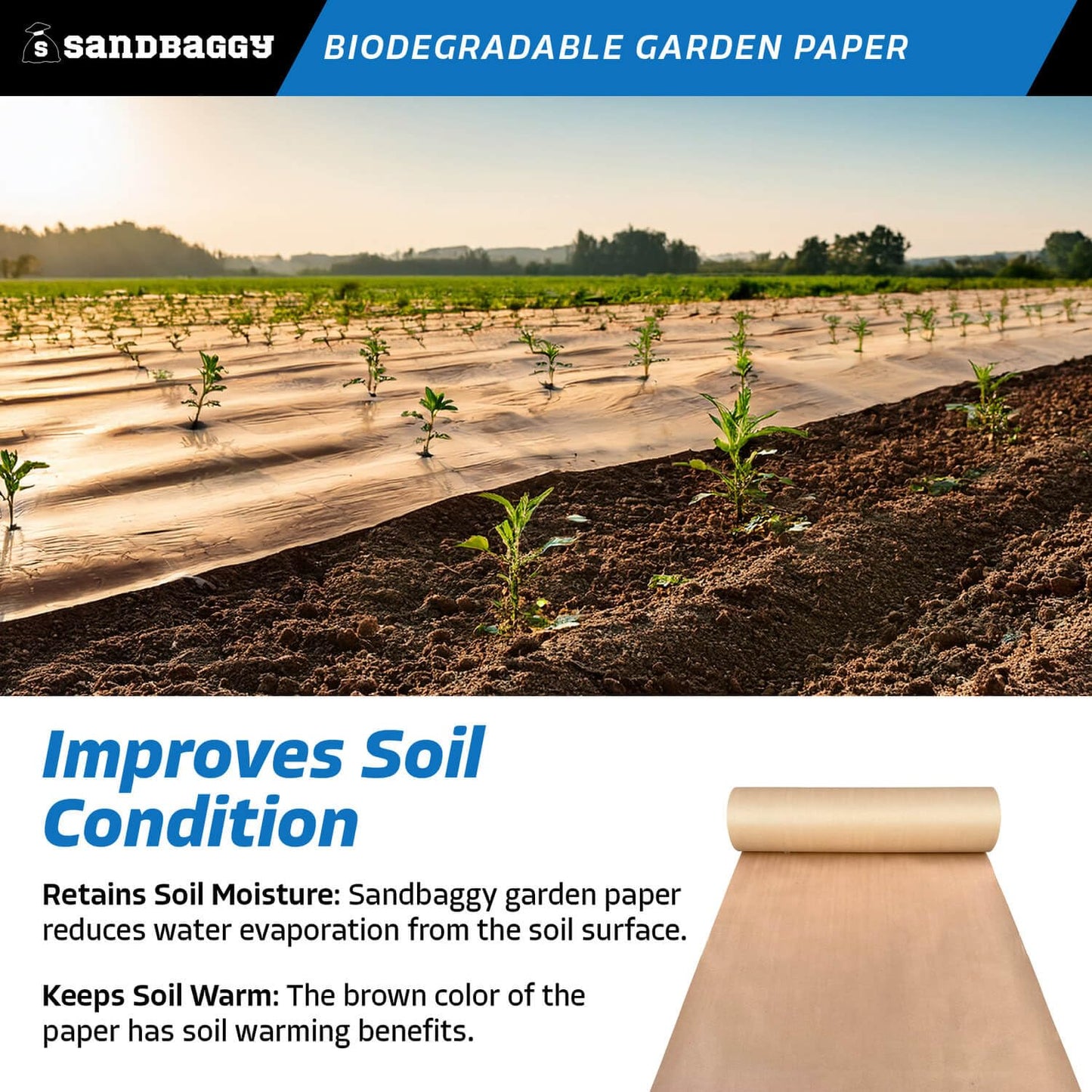 Sandbaggy Biodegradable Landscape Fabric - Garden Paper for Weeds - Paper Mulch Rolls (5 ft x 50 ft, 1)