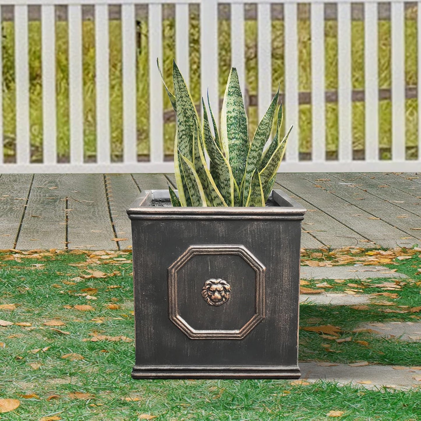 Kante Square Lion Head Concrete Planter, Classic English Style Plant Pot with Drainage Hole and Rubber Plug for Indoor Outdoor Garden Patio Home, 12.6"x12.6"x12.6" Metallic Chestnut