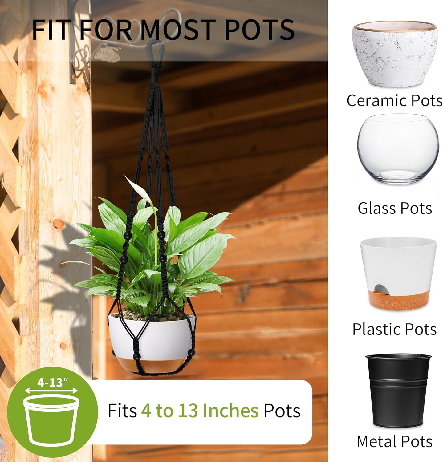 35 Inch Macrame Plant Hanger - Fits 4-13 Inch Pots, Supports Up to 22lbs, Sturdy Hanging Planter Holder for Indoor Outdoor, Boho Home Decor, 2 Pack, Black (POTS NOT Included)