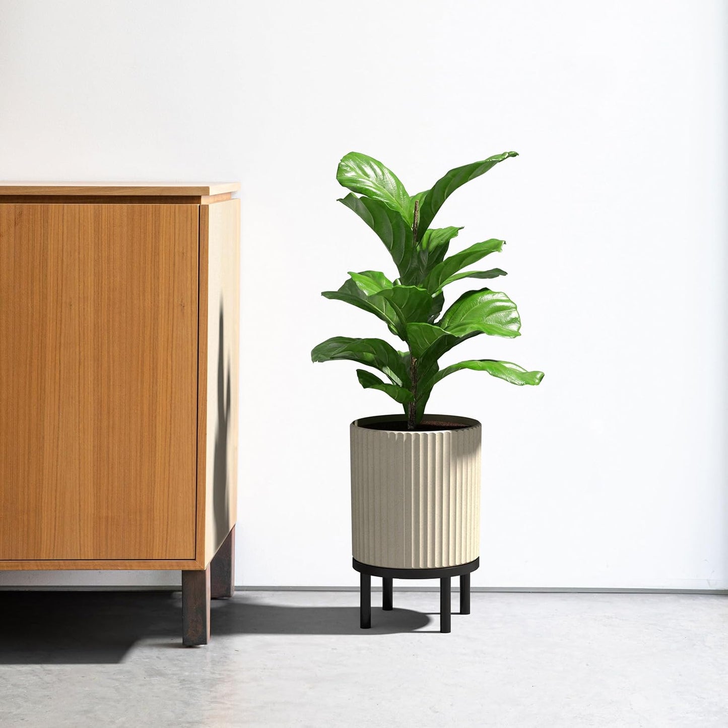 Veradek Demi Series Round Planter w/ Stand for Porch/Patio | Durable Plastic-Concrete & Wooden Stand | Modern Décor for Tall Plants, Flowers