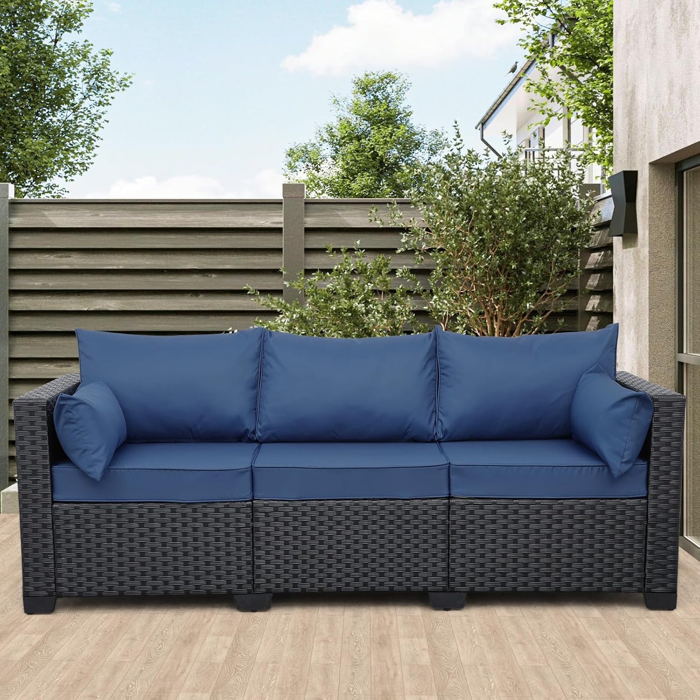 Rattaner Outdoor Furniture Outdoor Couch Patio Furniture 3-seat Sofa Deep Seat Hight Backrest with Waterproof Cover and Anti-Slip Cushions, Navy Blue