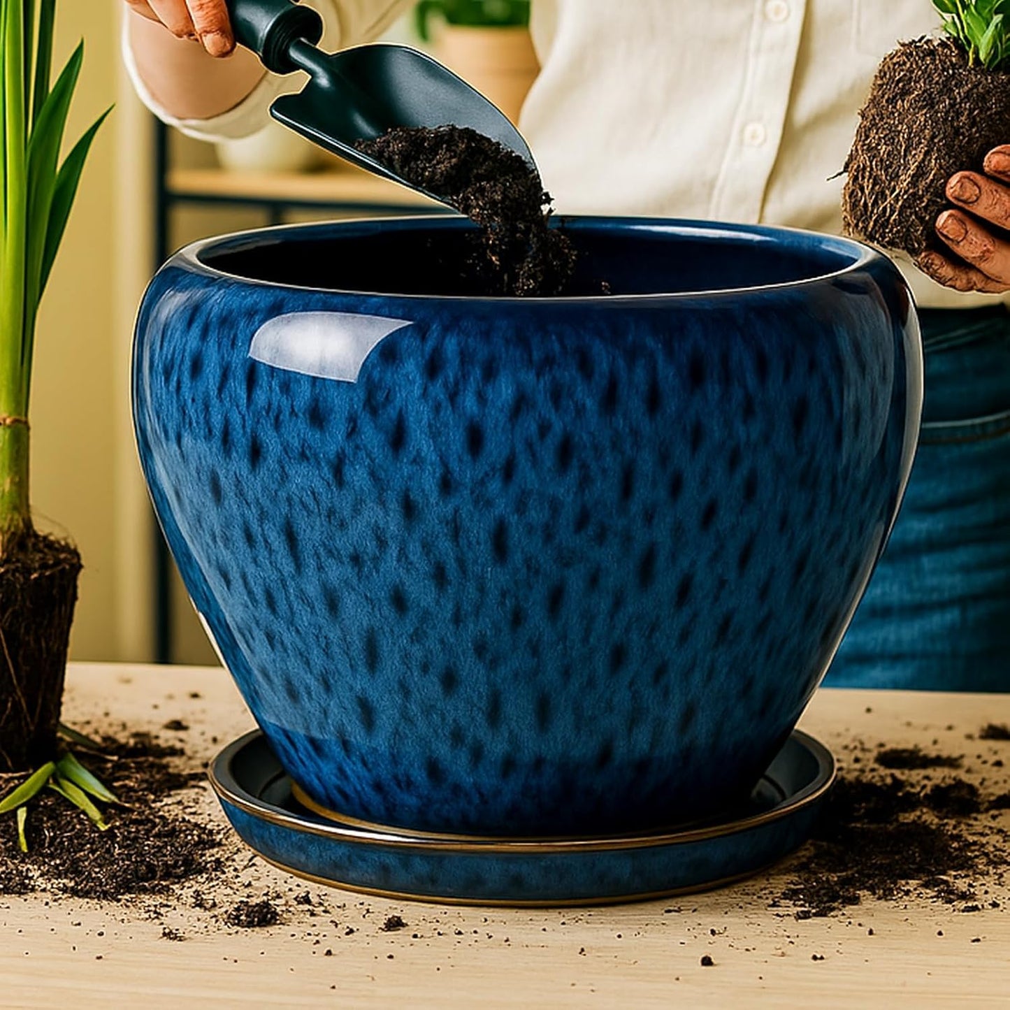 Deep Dream 10 Inch Plant Pot- Ceramic Planter Pot Round Plant Pots for Indoor Plants Outdoor Large Flower Pot with Drainage Holes & Trays, Blue