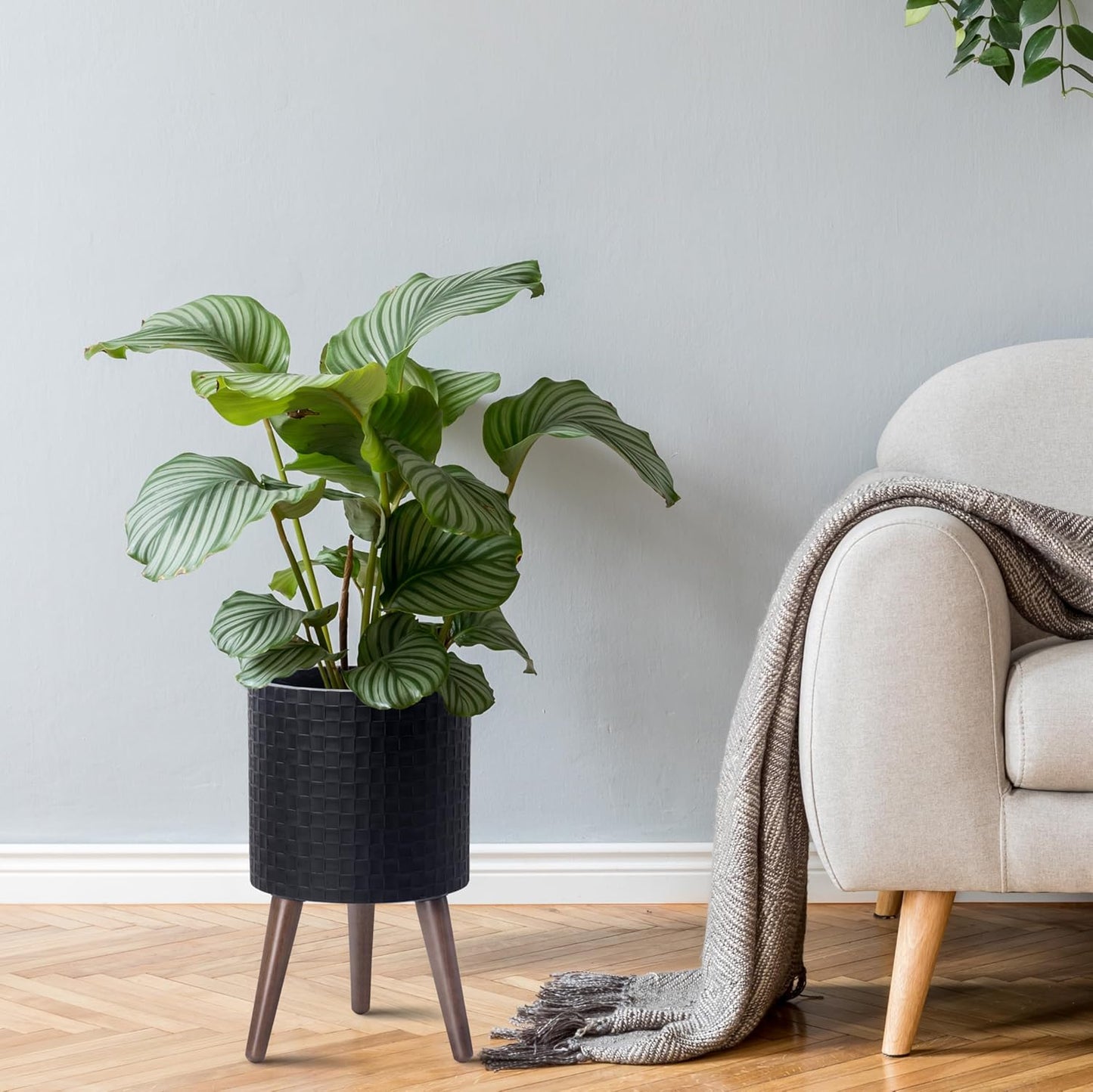 D'vine Dev 10 Inch Modern Geometric Tile Patterned Sleek Planter Pot with Stand, Indoor Outdoor Decorative Plant Holder, Matte Black, 88-Z-B-2