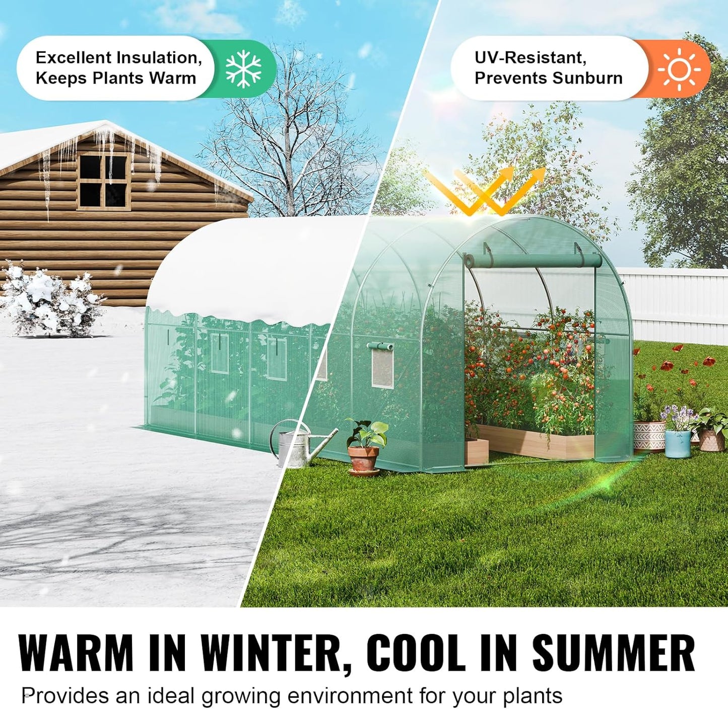 VEVOR Walk-in Tunnel Greenhouse, 14.6x6.4x6.3 ft Hoop House Greenhouse Tunnel, Plant Hot House with Galvanized Steel Frame, Green PE Cover, Roll-up Zipper Door and 8 Windows for Outdoor
