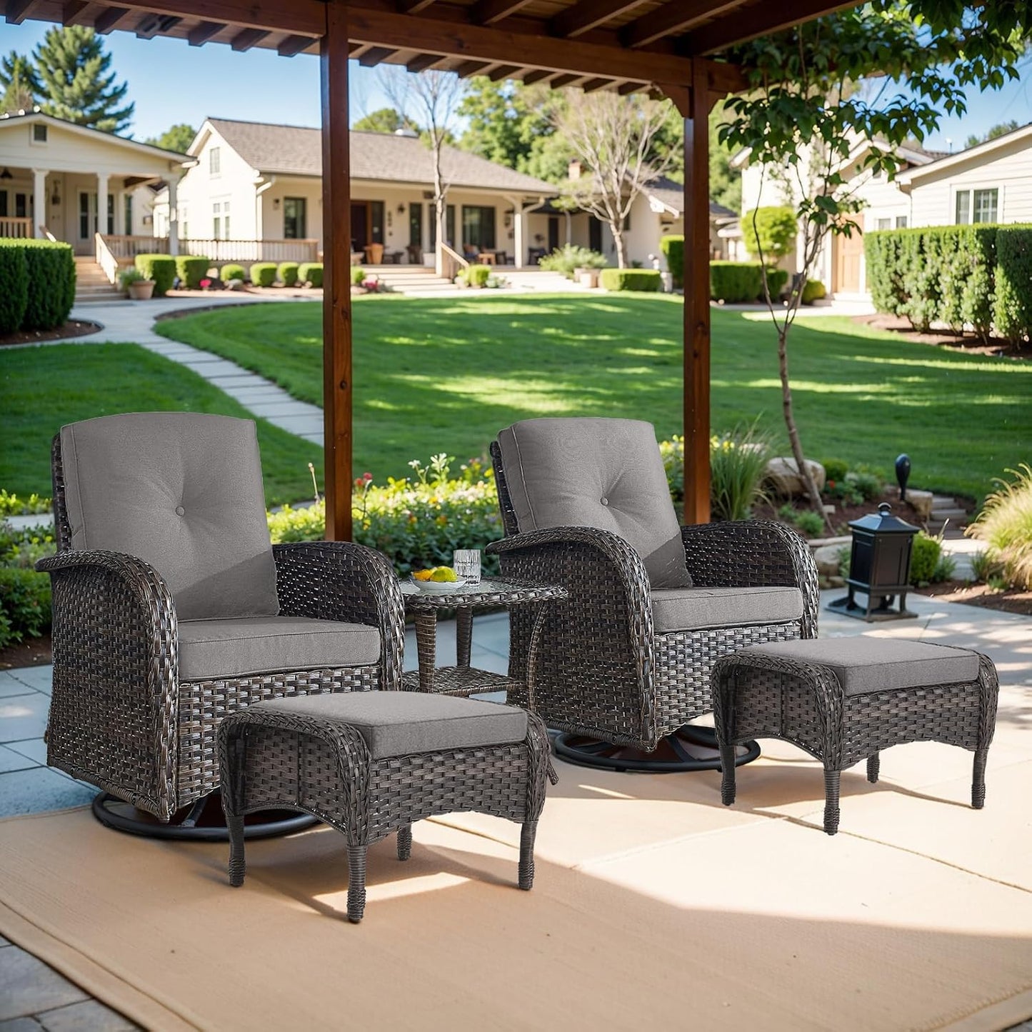 Small Conversation Sets Patio Funiture - 5 Piece Outdoor Swivel Rocker Wicker Furniture Sets with Ottomans Side Table Perfect for Patio Deck Backyard, Brown Wicker Grey Cushion