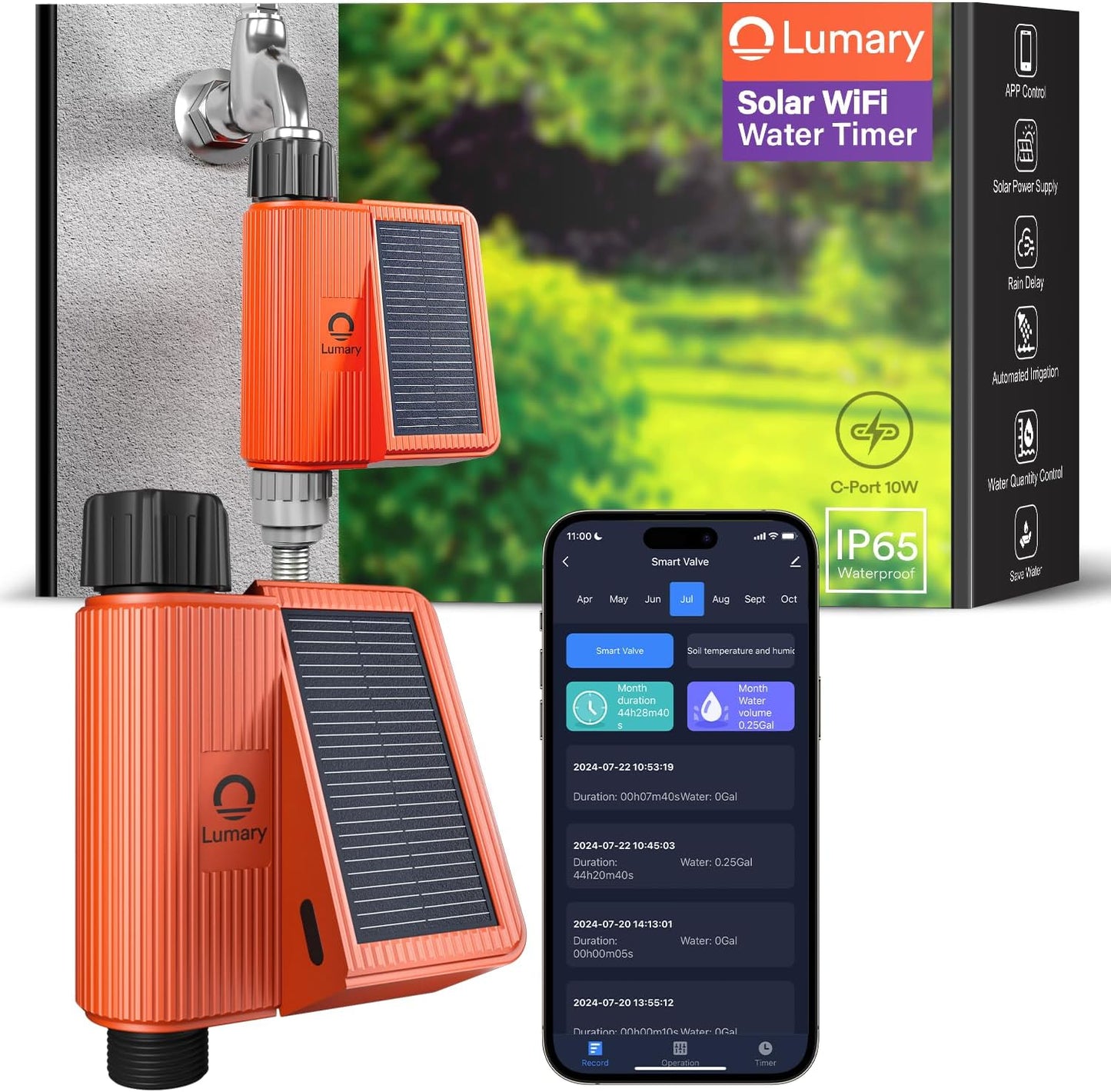 Lumary Solar WiFi Sprinkler Timer with Flow Monitor, Smart Water Timer for Garden Hose, Remote Control with App/Alexa via 2.4Ghz, Auto Irrigation Controller for Lawns Yard, Support C-Port Charging 10W