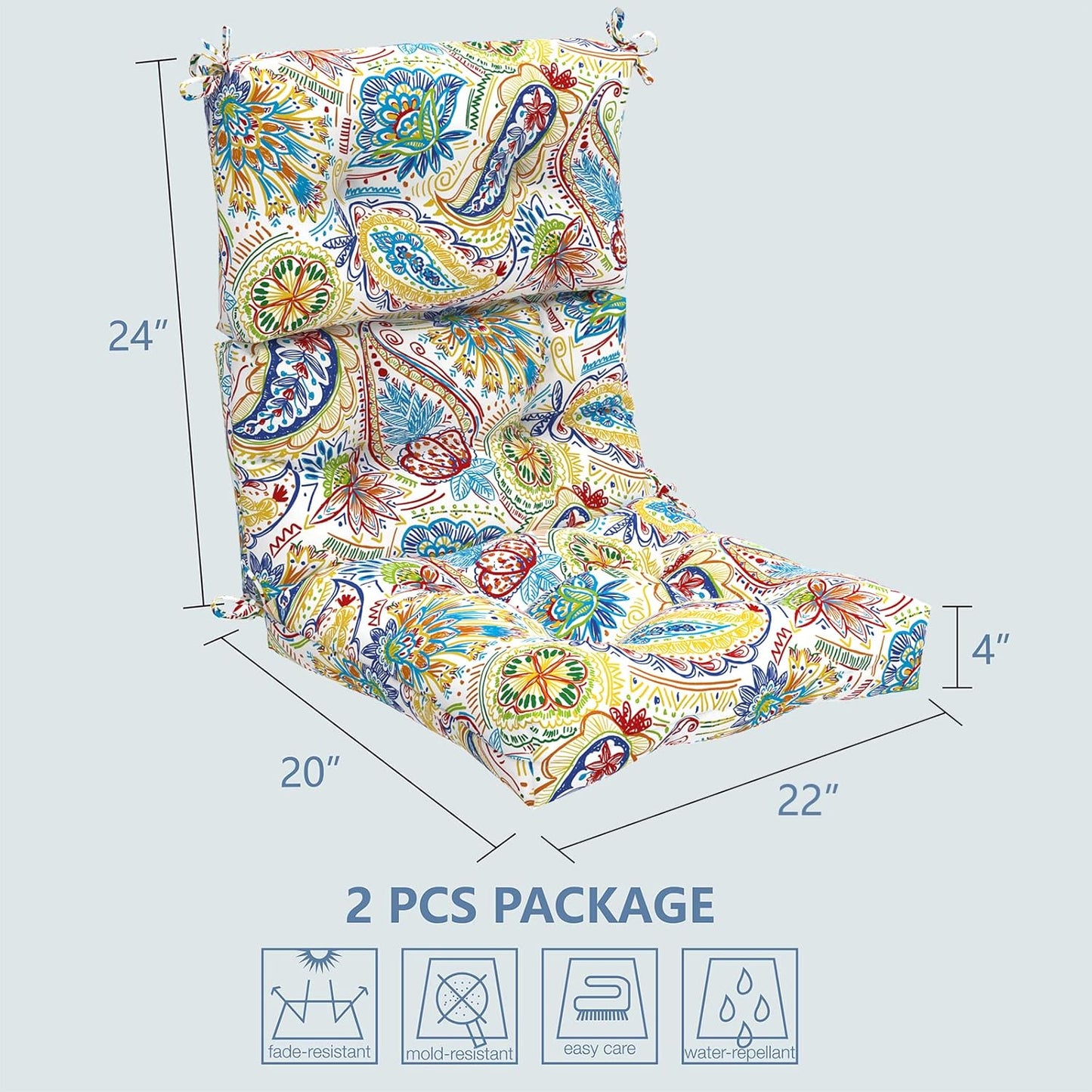 LVTXIII 2 Pack Outdoor/Indoor High Back Chair Cushions, Deep Seat Patio Seat and Back Cushion Set, Stuffed High Rebound Foam Rocking Chair Cushions, 44”x22”x4”, Paisley Chili