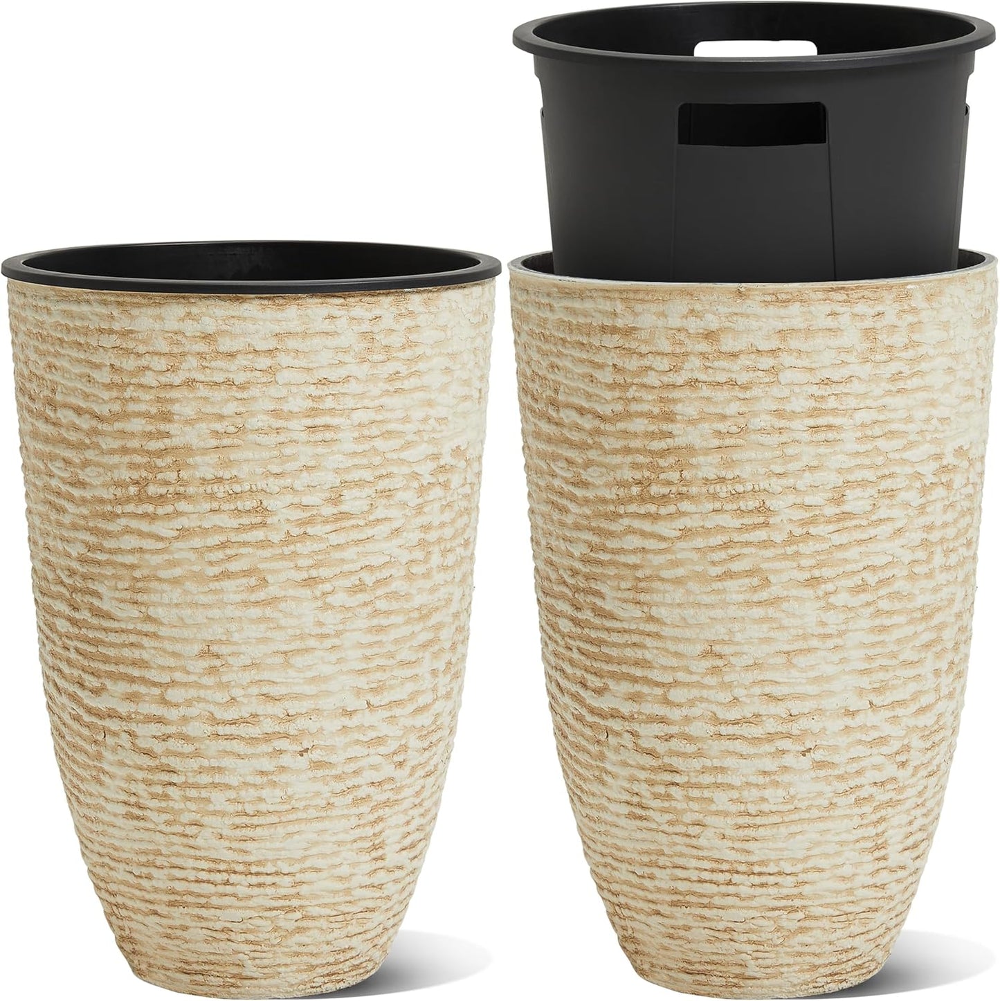 WORTH Garden 2-Pack 21" H. Beige Tall Planters with Inside Pots - 14'' Dia Plastic Large Round Plant Tree Pots - Decorative Imitation Stone Finish for Indoor Outdoor Front Porch Container Patio