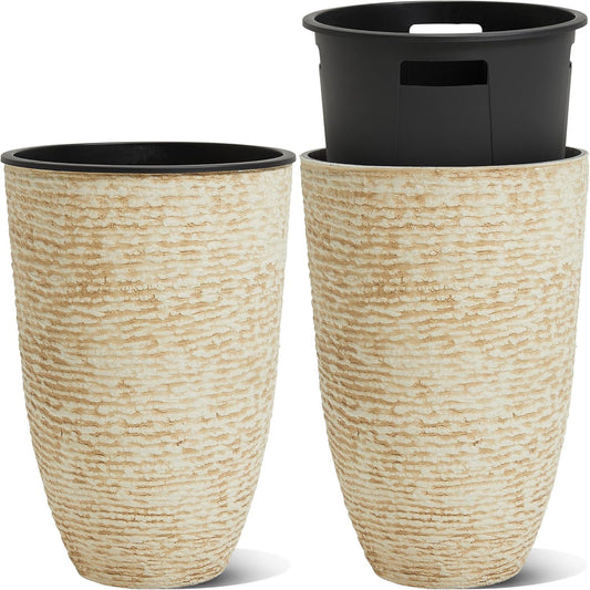 WORTH Garden 2-Pack 21" H. Beige Tall Planters with Inside Pots - 14'' Dia Plastic Large Round Plant Tree Pots - Decorative Imitation Stone Finish for Indoor Outdoor Front Porch Container Patio