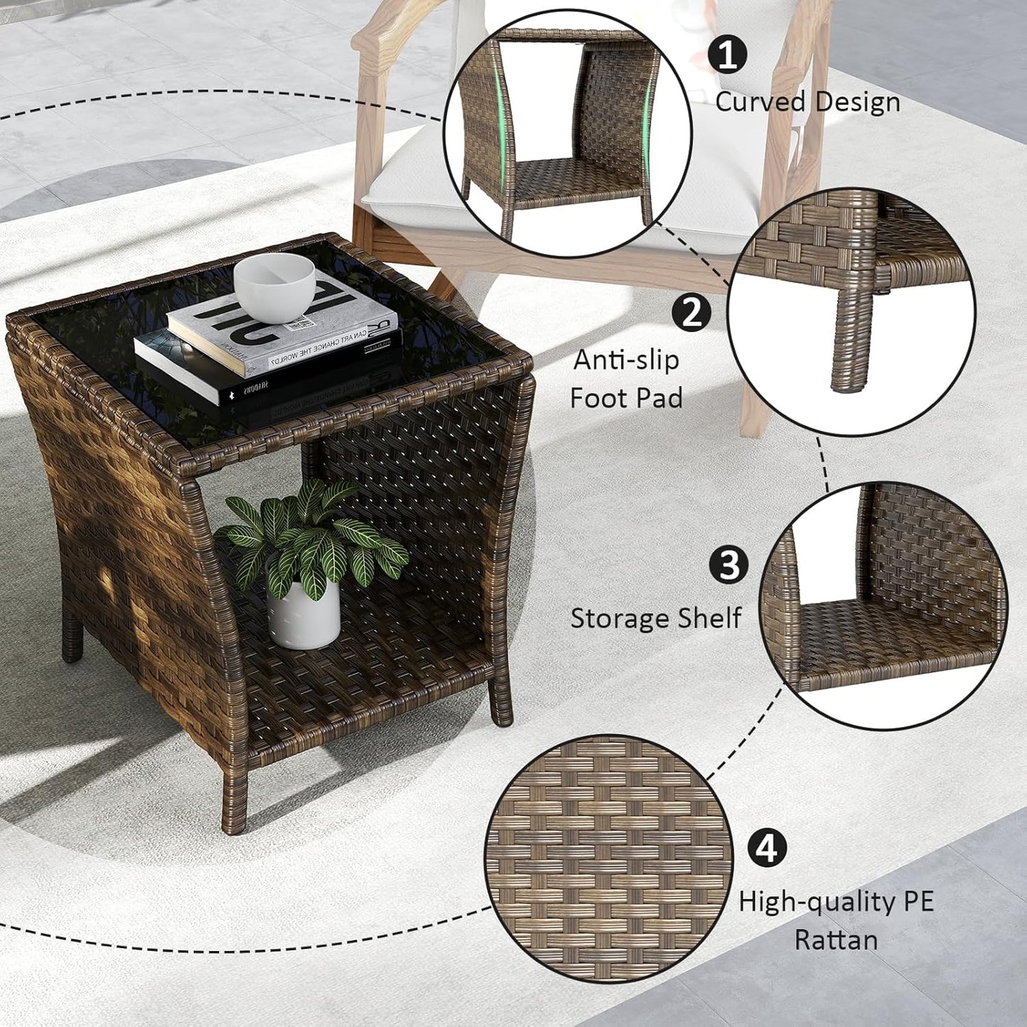 Outdoor Small Patio Table - PE Rattan Coffee Table, Wicker Side Table for Patio, Balcony & Porch, Durable & Iron Frame (1, Mixed Dark Brown)