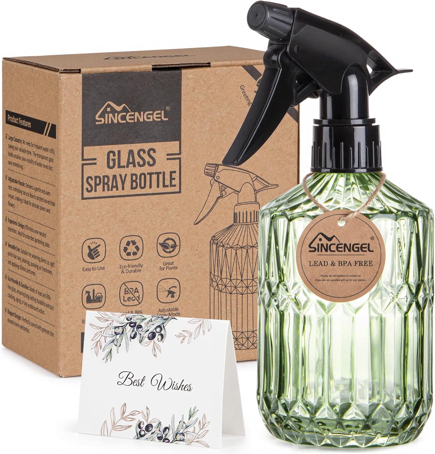 Glass Plant Mister Bottle - 13.5 oz Refillable Leak Proof Water Spray Bottle for Indoor Plants, Spring Gardening,Cleaning, Hair, Pets Care with Adjustable Mist Nozzle (Green)