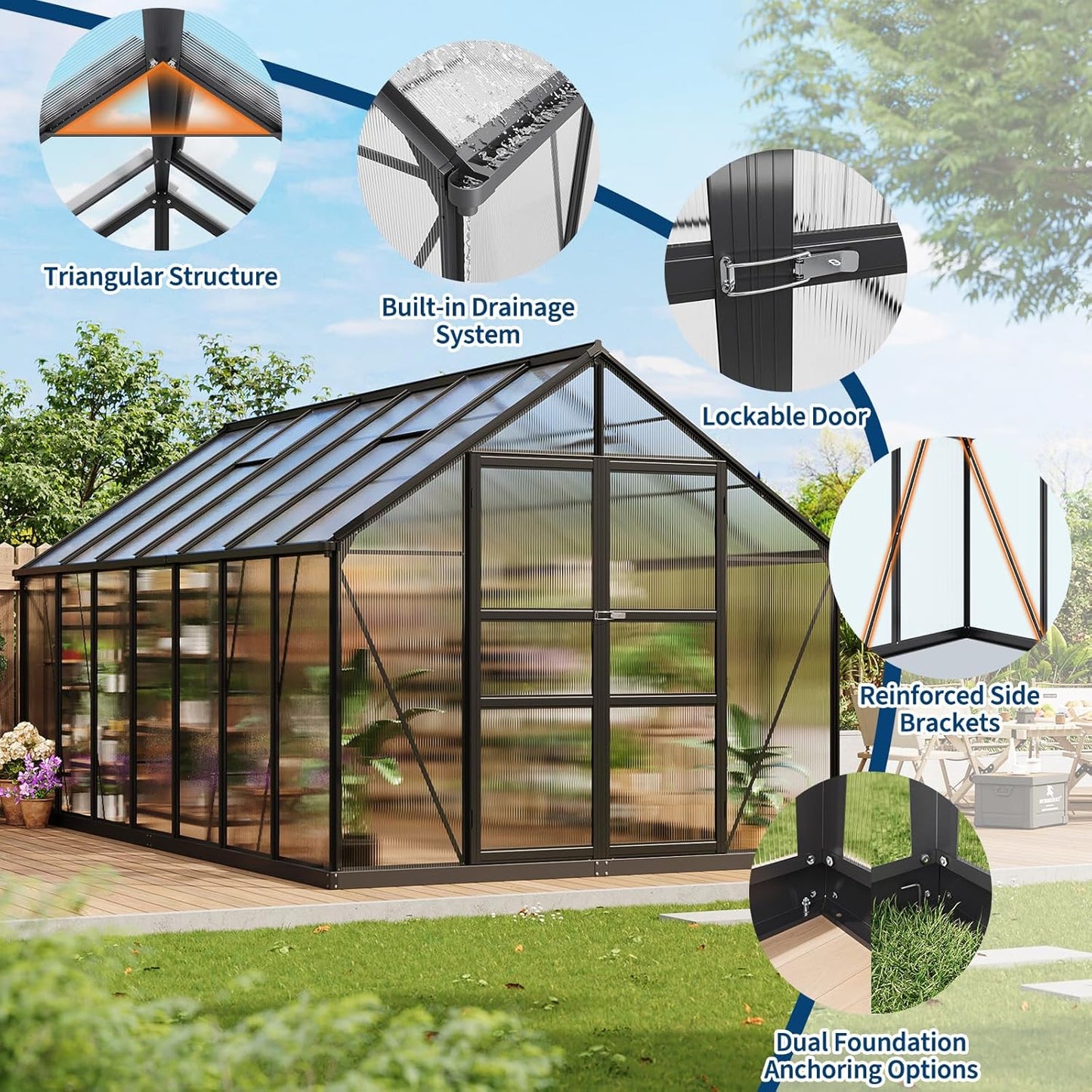 8x14 FT Polycarbonate Greenhouse,Large Walk-in SturdyOutdoor Aluminum Frame Greenhouse with Roof Vent, Lockable Push Door,for Garden, Backyard, Patio & Lawn(Black)