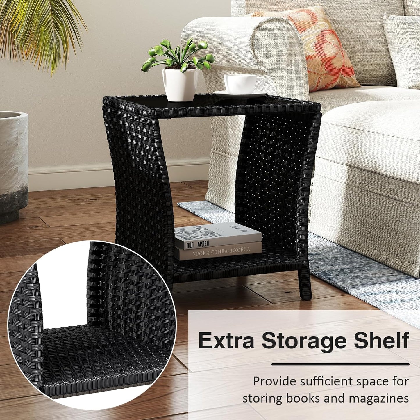 Outdoor Small Patio Table - PE Rattan Coffee Table, Wicker Side Table for Patio, Balcony & Porch, Durable & Iron Frame (1, Black)