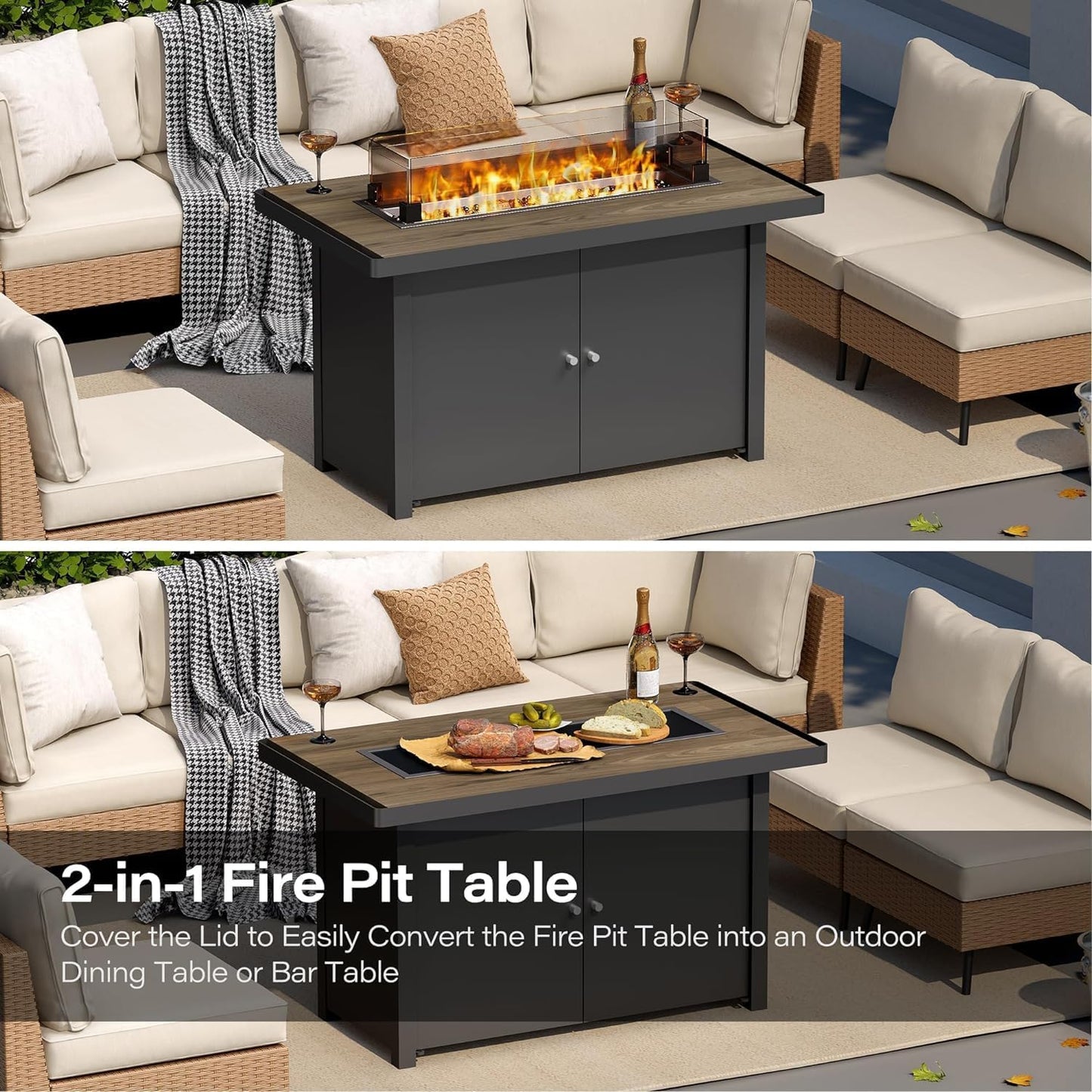 LAUSAINT HOME Propane Fire Pit Table 43 Inch with Lid, 55,000 BTU Gas Fire Pits for Outside Patio with Glass Wind Guard, Gray Glass Beads