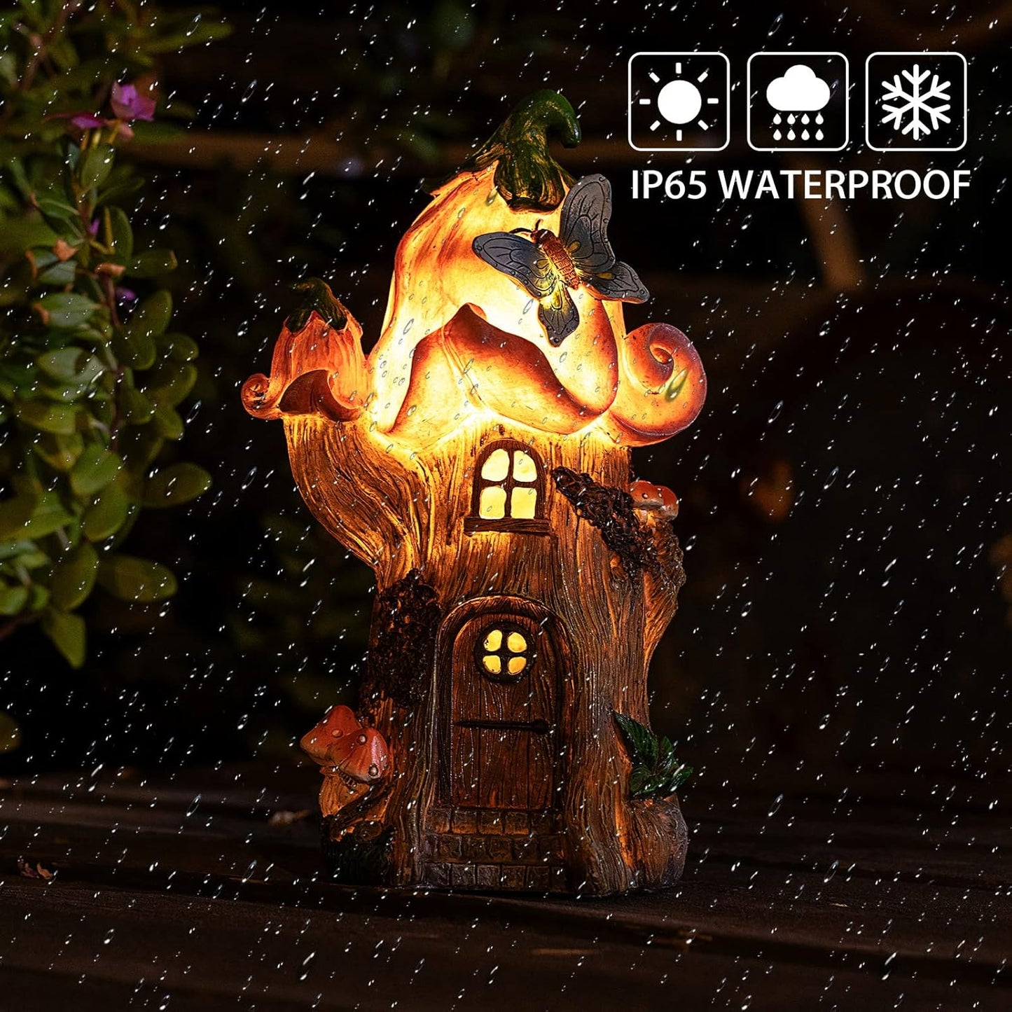 Fairy Garden Accessories Outdoor Statues, Mushroom House Decor,Large Gnome Solar Powered Lights Sculptures,Pink Resin Figurine Butterfly Figurines Lawn Ornaments for Patio Yard Decorations 11Inch